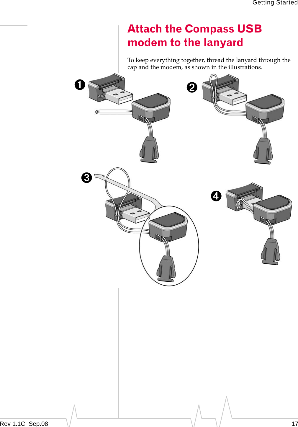 Getting StartedRev 1.1C Sep.08 17Attach the Compass USB modem to the lanyardTokeepeverythingtogether,threadthelanyardthroughthecapandthemodem,asshownintheillustrations.➊➋➌➍