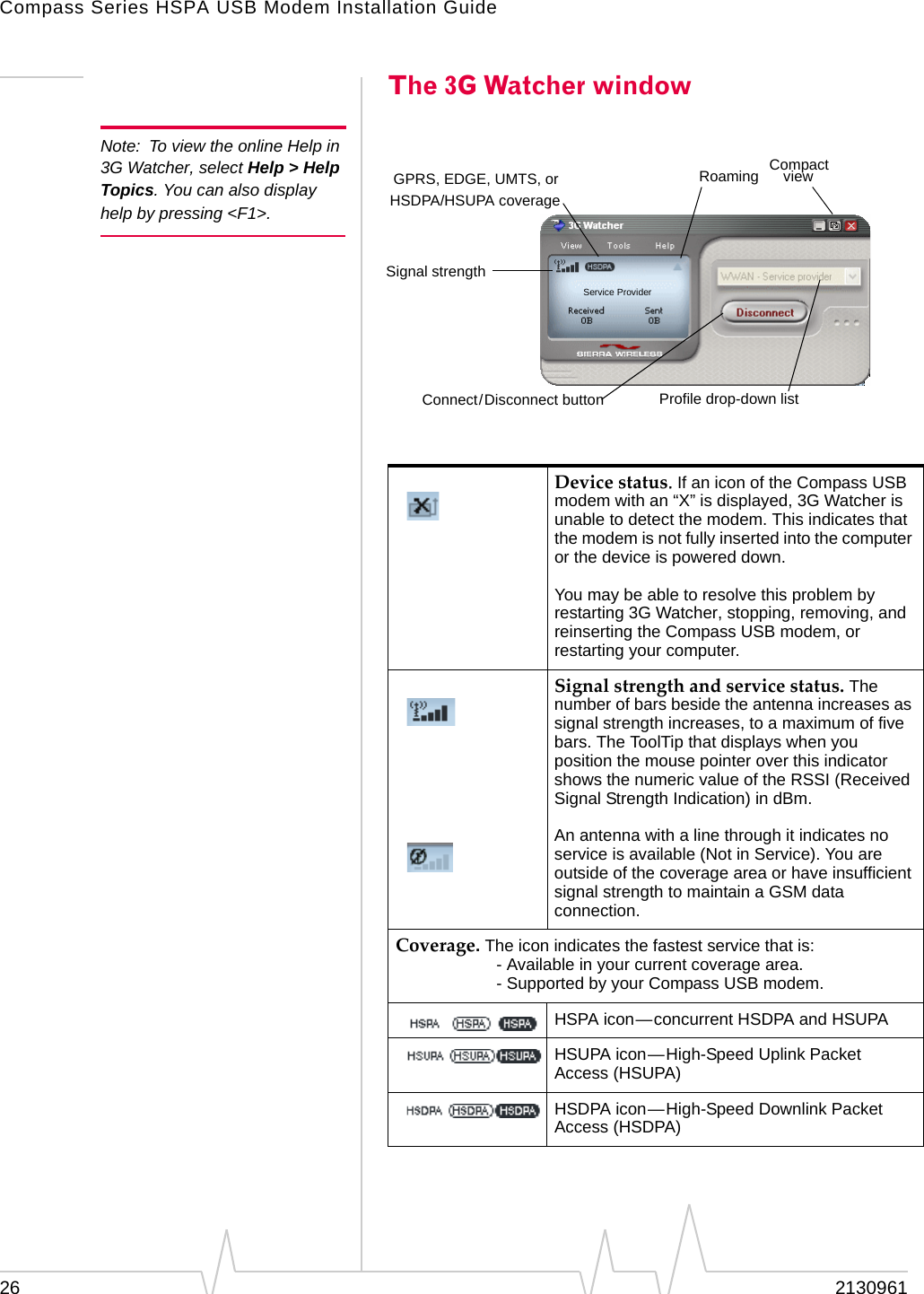 Compass Series HSPA USB Modem Installation Guide26 2130961The 3G Watcher windowNote: To view the online Help in 3G Watcher, select Help > Help Topics. You can also display help by pressing <F1>.Devicestatus. If an icon of the Compass USB modem with an “X” is displayed, 3G Watcher is unable to detect the modem. This indicates that the modem is not fully inserted into the computer or the device is powered down.You may be able to resolve this problem by restarting 3G Watcher, stopping, removing, and reinserting the Compass USB modem, or restarting your computer.Signalstrengthandservicestatus. The number of bars beside the antenna increases as signal strength increases, to a maximum of five bars. The ToolTip that displays when you position the mouse pointer over this indicator shows the numeric value of the RSSI (Received Signal Strength Indication) in dBm.An antenna with a line through it indicates no service is available (Not in Service). You are outside of the coverage area or have insufficient signal strength to maintain a GSM data connection.Coverage. The icon indicates the fastest service that is:- Available in your current coverage area.- Supported by your Compass USB modem.HSPA icon—concurrent HSDPA and HSUPAHSUPA icon—High-Speed Uplink Packet Access (HSUPA)HSDPA icon—High-Speed Downlink Packet Access (HSDPA)RoamingGPRS, EDGE, UMTS, or CompactviewSignal strengthHSDPA/HSUPA coverageProfile drop-down listConnect/Disconnect buttonService Provider