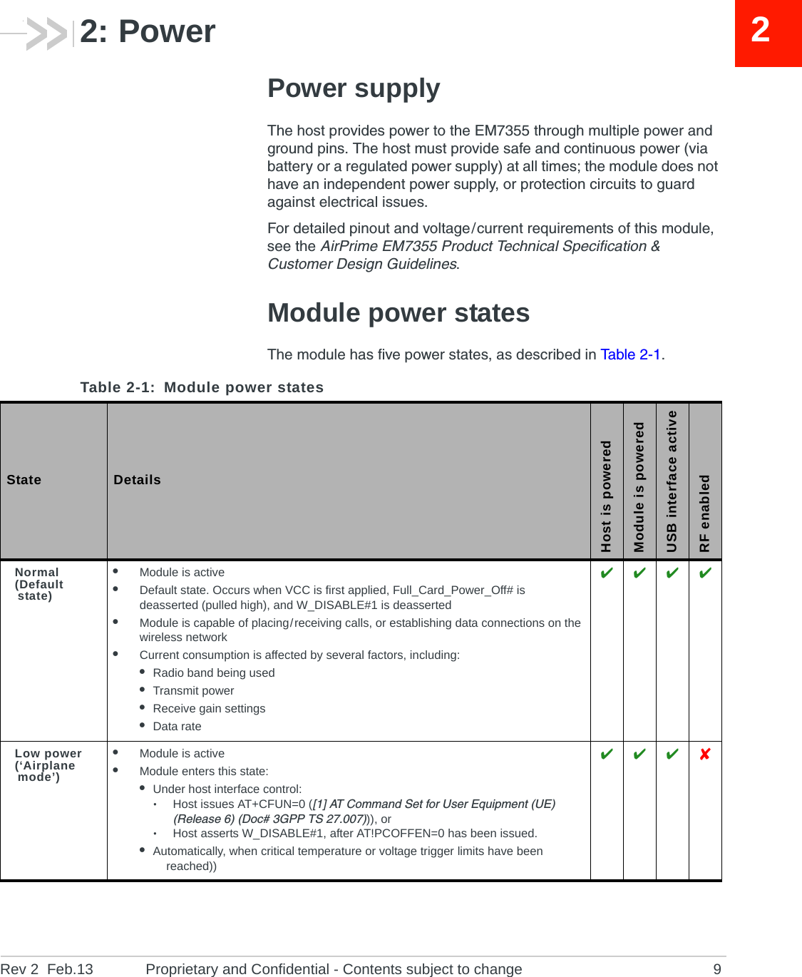 Rev 2  Feb.13 Proprietary and Confidential - Contents subject to change 922: PowerPower supplyThe host provides power to the EM7355 through multiple power and ground pins. The host must provide safe and continuous power (via battery or a regulated power supply) at all times; the module does not have an independent power supply, or protection circuits to guard against electrical issues.For detailed pinout and voltage / current requirements of this module, see the AirPrime EM7355 Product Technical Specification &amp; Customer Design Guidelines.Module power statesThe module has five power states, as described in Ta b l e  2-1. Table 2-1: Module power states State DetailsHost is poweredModule is poweredUSB interface activeRF enabledNormal(Default state)•Module is active•Default state. Occurs when VCC is first applied, Full_Card_Power_Off# is deasserted (pulled high), and W_DISABLE#1 is deasserted•Module is capable of placing / receiving calls, or establishing data connections on the wireless network•Current consumption is affected by several factors, including:•Radio band being used•Transmit power•Receive gain settings•Data rate   Low power(‘Airplane mode’)•Module is active•Module enters this state:•Under host interface control:·Host issues AT+CFUN=0 ([1] AT Command Set for User Equipment (UE) (Release 6) (Doc# 3GPP TS 27.007))), or·Host asserts W_DISABLE#1, after AT!PCOFFEN=0 has been issued.•Automatically, when critical temperature or voltage trigger limits have been reached))   