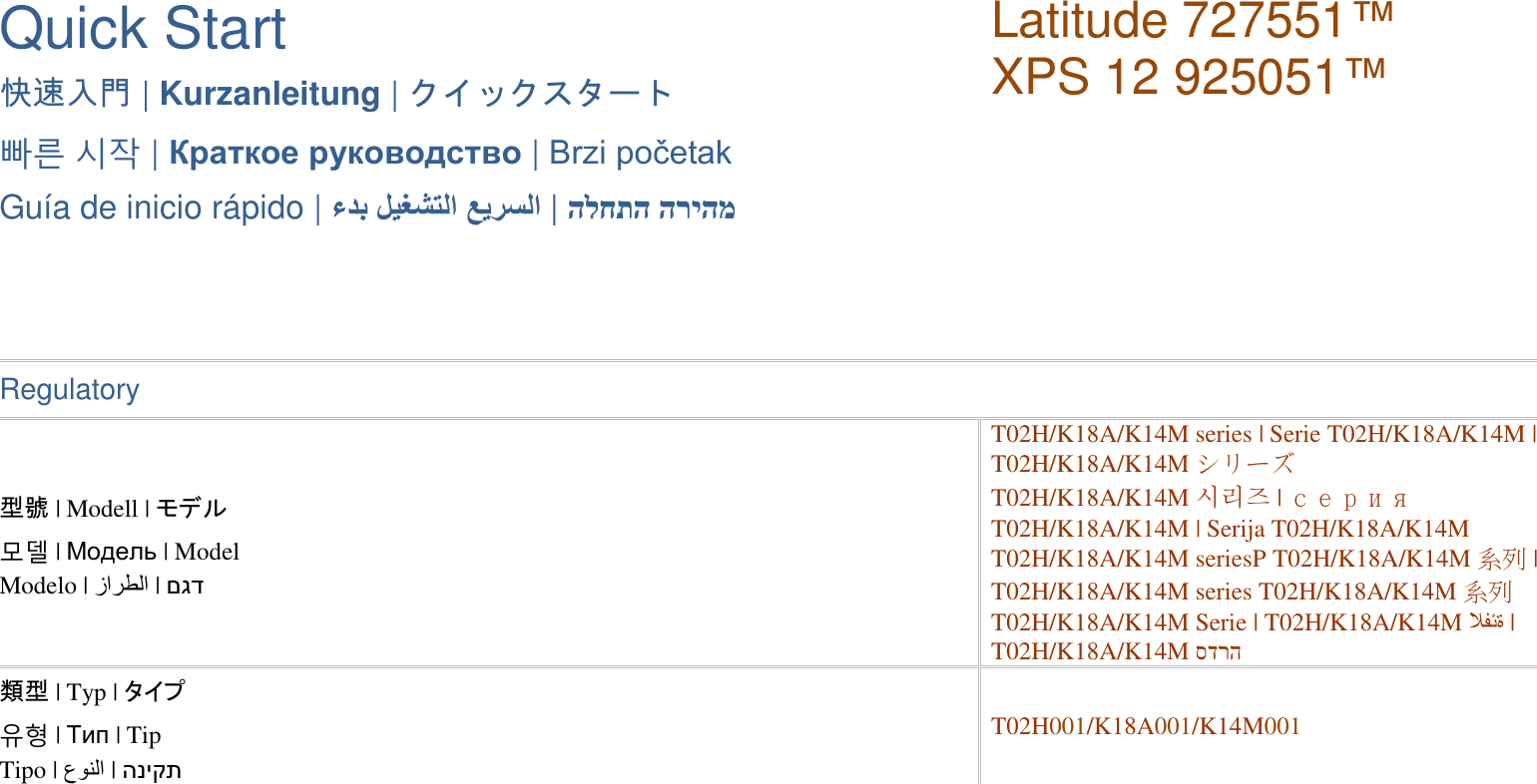 Quick Start Latitude 727551™ XPS 12 925051™ 快速入門 | Kurzanleitung | クイックスタート 빠른 시작 | Краткое руководство | Brzi početak Guía de inicio rápido | | הלחתה הריהמ Regulatory 型號 | Modell | モデル 모델 | Модель | Model Modelo | | םגד T02H/K18A/K14M series | Serie T02H/K18A/K14M | T02H/K18A/K14M シリーズ T02H/K18A/K14M 시리즈 | серия T02H/K18A/K14M | Serija T02H/K18A/K14M T02H/K18A/K14M seriesP T02H/K18A/K14M 系列 | T02H/K18A/K14M series T02H/K18A/K14M 系列 T02H/K18A/K14M Serie | T02H/K18A/K14M فئة | T02H/K18A/K14M סדרה 類型 | Typ | タイプ 유형 | Тип | Tip Tipo | | הניקת T02H001/K18A001/K14M001