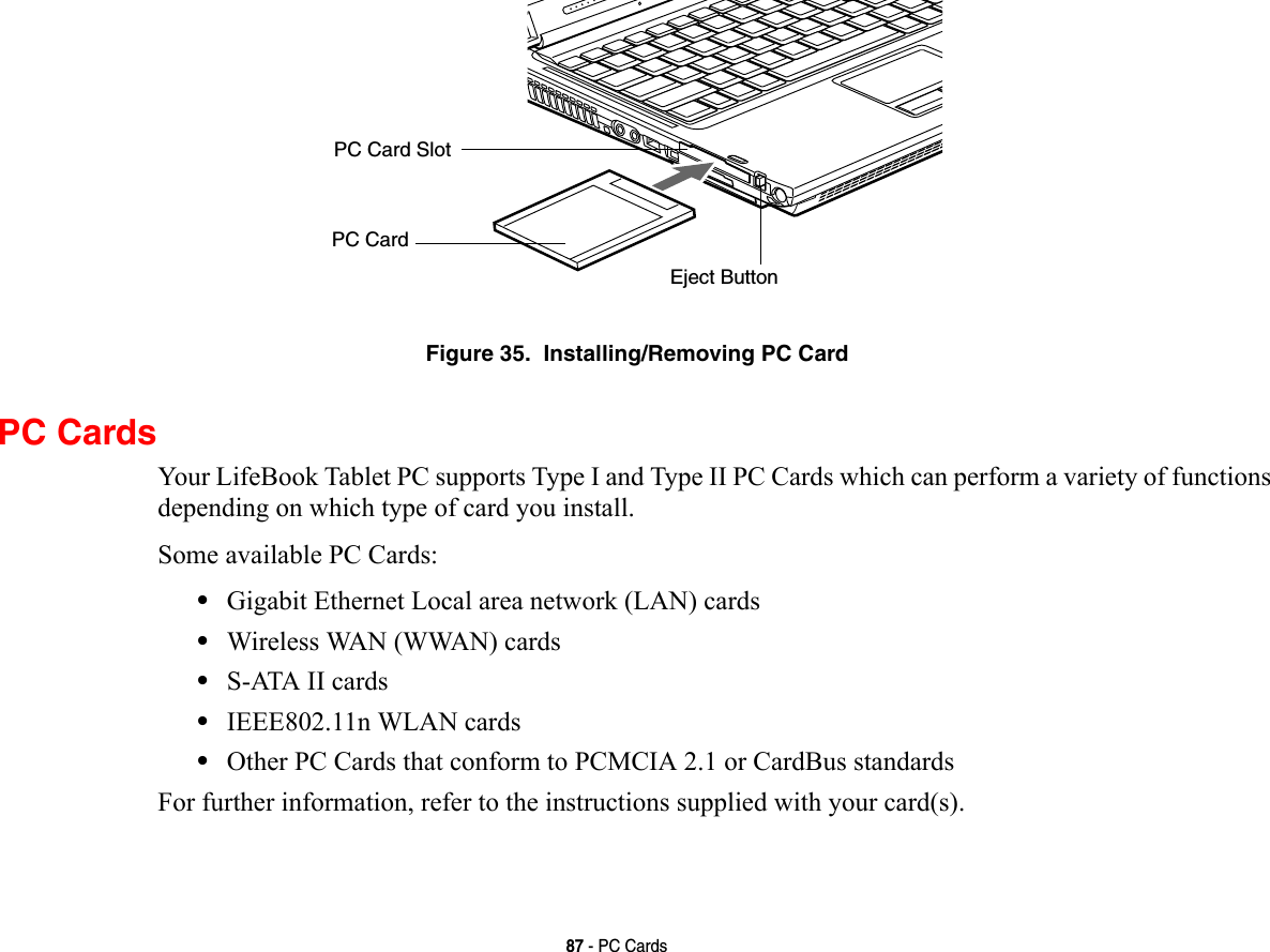 87 - PC CardsFigure 35.  Installing/Removing PC CardPC CardsYour LifeBook Tablet PC supports Type I and Type II PC Cards which can perform a variety of functions depending on which type of card you install. Some available PC Cards:•Gigabit Ethernet Local area network (LAN) cards•Wireless WAN (WWAN) cards•S-ATA II cards•IEEE802.11n WLAN cards•Other PC Cards that conform to PCMCIA 2.1 or CardBus standardsFor further information, refer to the instructions supplied with your card(s).Eject ButtonPC Card SlotPC Card
