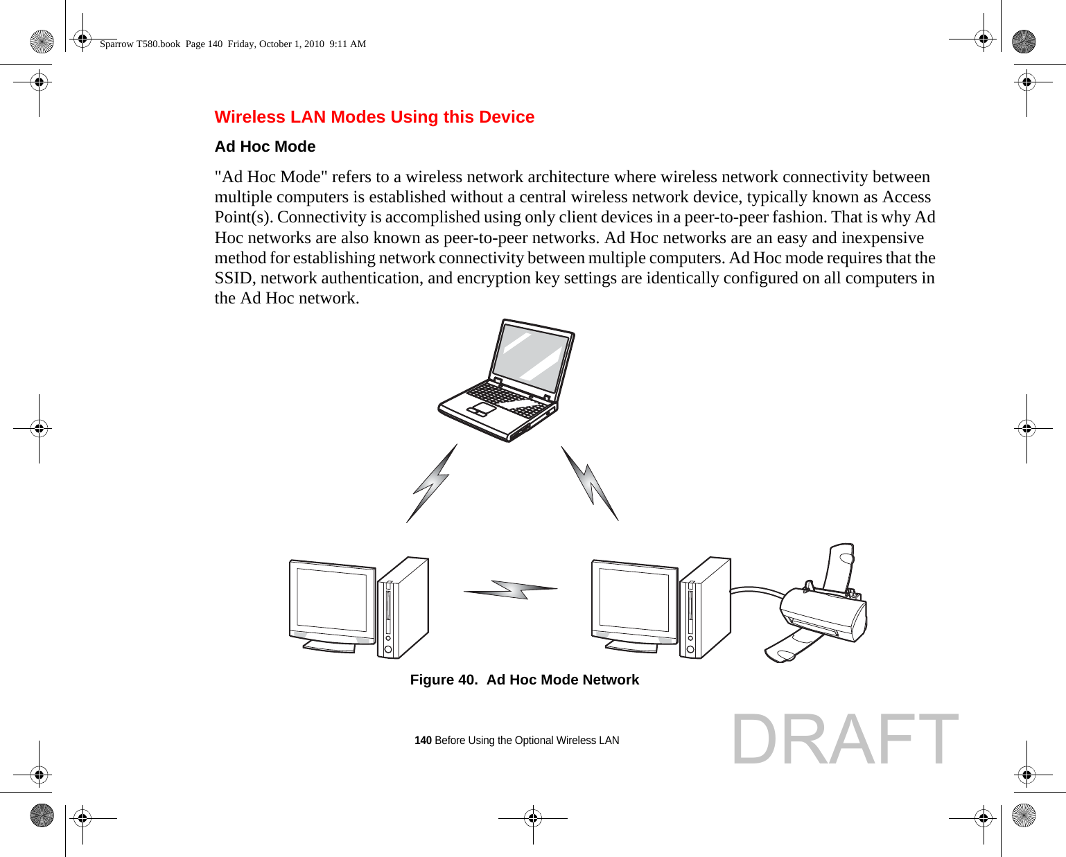 140 Before Using the Optional Wireless LANWireless LAN Modes Using this DeviceAd Hoc Mode &quot;Ad Hoc Mode&quot; refers to a wireless network architecture where wireless network connectivity between multiple computers is established without a central wireless network device, typically known as Access Point(s). Connectivity is accomplished using only client devices in a peer-to-peer fashion. That is why Ad Hoc networks are also known as peer-to-peer networks. Ad Hoc networks are an easy and inexpensive method for establishing network connectivity between multiple computers. Ad Hoc mode requires that the SSID, network authentication, and encryption key settings are identically configured on all computers in the Ad Hoc network.Figure 40.  Ad Hoc Mode NetworkSparrow T580.book  Page 140  Friday, October 1, 2010  9:11 AMDRAFT