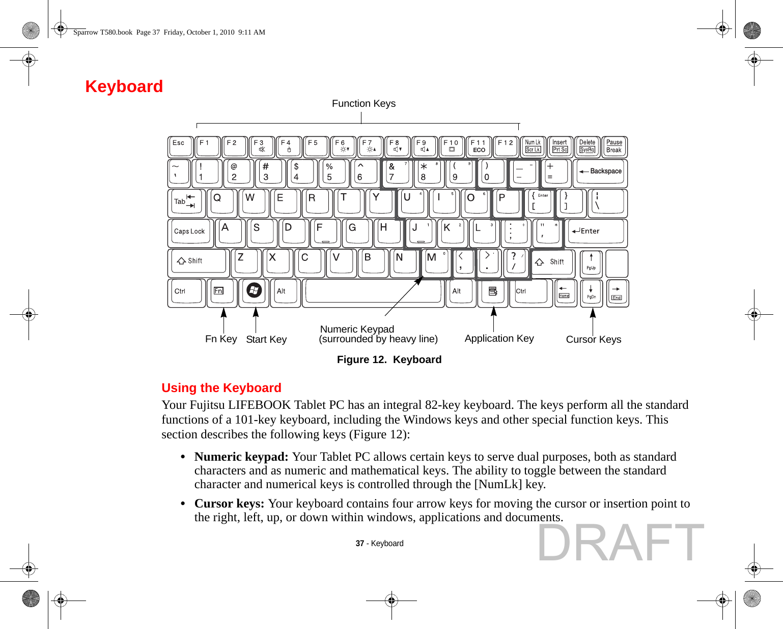 37 - KeyboardKeyboardFigure 12.  KeyboardUsing the KeyboardYour Fujitsu LIFEBOOK Tablet PC has an integral 82-key keyboard. The keys perform all the standard functions of a 101-key keyboard, including the Windows keys and other special function keys. This section describes the following keys (Figure 12):•Numeric keypad: Your Tablet PC allows certain keys to serve dual purposes, both as standard characters and as numeric and mathematical keys. The ability to toggle between the standard character and numerical keys is controlled through the [NumLk] key.•Cursor keys: Your keyboard contains four arrow keys for moving the cursor or insertion point to the right, left, up, or down within windows, applications and documents. BackspaceECOFn Key Start KeyFunction KeysNumeric Keypad Application Key Cursor Keys(surrounded by heavy line)Sparrow T580.book  Page 37  Friday, October 1, 2010  9:11 AMDRAFT