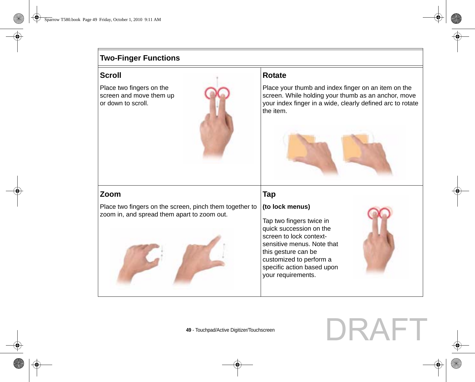 49 - Touchpad/Active Digitizer/TouchscreenTwo-Finger FunctionsScrollPlace two fingers on the screen and move them up or down to scroll.RotatePlace your thumb and index finger on an item on the screen. While holding your thumb as an anchor, move your index finger in a wide, clearly defined arc to rotate the item.ZoomPlace two fingers on the screen, pinch them together to zoom in, and spread them apart to zoom out.Tap(to lock menus)Tap two fingers twice in quick succession on the screen to lock context-sensitive menus. Note that this gesture can be customized to perform a specific action based upon your requirements.Sparrow T580.book  Page 49  Friday, October 1, 2010  9:11 AMDRAFT