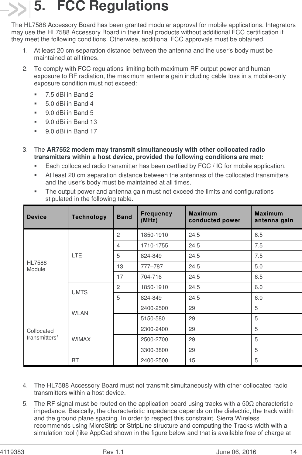 4119383 Rev 1.1 June 06, 2016 14 5. FCC Regulations The HL7588 Accessory Board has been granted modular approval for mobile applications. Integrators may use the HL7588 Accessory Board in their final products without additional FCC certification if they meet the following conditions. Otherwise, additional FCC approvals must be obtained. 1. At least 20 cm separation distance between the antenna and the user’s body must be maintained at all times. 2. To comply with FCC regulations limiting both maximum RF output power and human exposure to RF radiation, the maximum antenna gain including cable loss in a mobile-only exposure condition must not exceed: 7.5 dBi in Band 2 5.0 dBi in Band 4 9.0 dBi in Band 5 9.0 dBi in Band 13 9.0 dBi in Band 17 3. The AR7552 modem may transmit simultaneously with other collocated radio transmitters within a host device, provided the following conditions are met: Each collocated radio transmitter has been certfied by FCC / IC for mobile application. At least 20 cm separation distance between the antennas of the collocated transmitters and the user’s body must be maintained at all times. The output power and antenna gain must not exceed the limits and configurations stipulated in the following table. Device Technology Band Frequency (MHz) Maximum conducted power Maximum antenna gain HL7588 Module LTE 2 1850-1910 24.5 6.5 4 1710-1755 24.5 7.5 5 824-849 24.5 7.5 13 777–787 24.5 5.0 17 704-716 24.5 6.5 UMTS 2 1850-1910 24.5 6.0 5 824-849 24.5 6.0 Collocated transmitters1 WLAN 2400-2500 29 5 5150-580 29 5 WiMAX 2300-2400 29 5 2500-2700 29 5 3300-3800 29 5 BT 2400-2500 15 5 4. The HL7588 Accessory Board must not transmit simultaneously with other collocated radio transmitters within a host device. 5. The RF signal must be routed on the application board using tracks with a 50Ω characteristic impedance. Basically, the characteristic impedance depends on the dielectric, the track width and the ground plane spacing. In order to respect this constraint, Sierra Wireless recommends using MicroStrip or StripLine structure and computing the Tracks width with a simulation tool (like AppCad shown in the figure below and that is available free of charge at