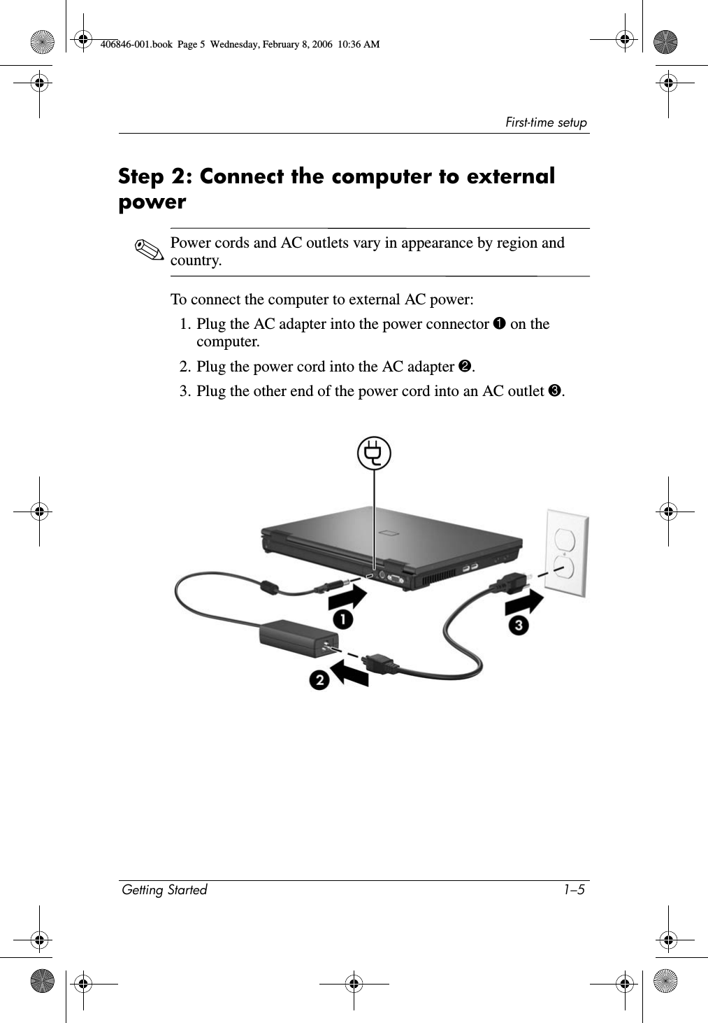First-time setupGetting Started 1–5Step 2: Connect the computer to external power✎Power cords and AC outlets vary in appearance by region and country.To connect the computer to external AC power:1. Plug the AC adapter into the power connector 1 on the computer.2. Plug the power cord into the AC adapter 2.3. Plug the other end of the power cord into an AC outlet 3. 406846-001.book Page 5 Wednesday, February 8, 2006 10:36 AM