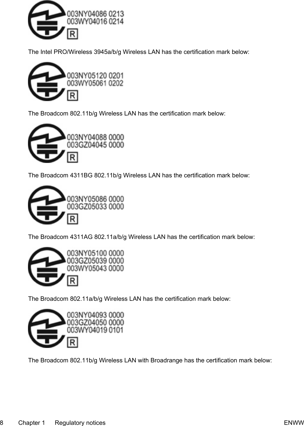 The Intel PRO/Wireless 3945a/b/g Wireless LAN has the certification mark below:The Broadcom 802.11b/g Wireless LAN has the certification mark below:The Broadcom 4311BG 802.11b/g Wireless LAN has the certification mark below:The Broadcom 4311AG 802.11a/b/g Wireless LAN has the certification mark below:The Broadcom 802.11a/b/g Wireless LAN has the certification mark below:The Broadcom 802.11b/g Wireless LAN with Broadrange has the certification mark below:8 Chapter 1 Regulatory notices ENWW
