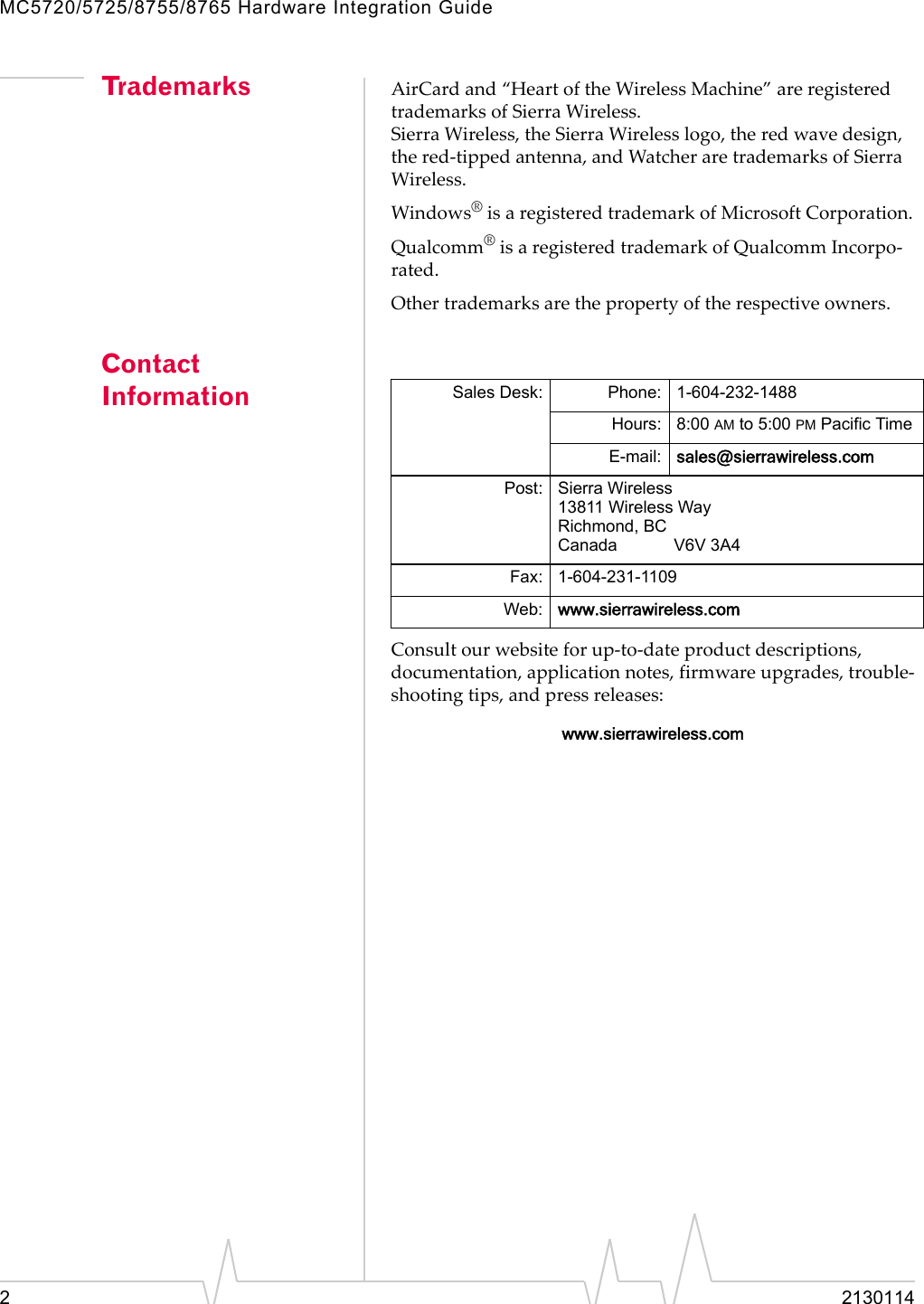 MC5720/5725/8755/8765 Hardware Integration Guide22130114Trademarks AirCardand“HeartoftheWirelessMachine”areregisteredtrademarksofSierraWireless.SierraWireless,theSierraWirelesslogo,theredwavedesign,thered‐tippedantenna,andWatcheraretrademarksofSierraWireless.Windows®isaregisteredtrademarkofMicrosoftCorporation.Qualcomm®isaregisteredtrademarkofQualcommIncorpo‐rated.Othertrademarksarethepropertyoftherespectiveowners.Contact InformationConsultourwebsiteforup‐to‐dateproductdescriptions,documentation,applicationnotes,firmwareupgrades,trouble‐shootingtips,andpressreleases:www.sierrawireless.comSales Desk: Phone: 1-604-232-1488Hours: 8:00 AM to 5:00 PM Pacific TimeE-mail: sales@sierrawireless.comPost: Sierra Wireless13811 Wireless WayRichmond, BCCanada V6V 3A4Fax: 1-604-231-1109Web: www.sierrawireless.com