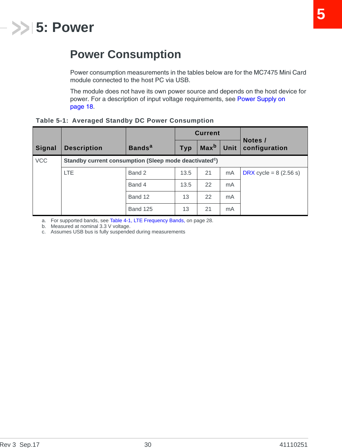 Rev 3  Sep.17 30 4111025155: PowerPower ConsumptionPower consumption measurements in the tables below are for the MC7475 Mini Card module connected to the host PC via USB.The module does not have its own power source and depends on the host device for power. For a description of input voltage requirements, see Power Supply on page 18.    Table 5-1: Averaged Standby DC Power ConsumptionSignal Description BandsaCurrent Notes / configurationTyp MaxbUnitVCC Standby current consumption (Sleep mode deactivatedc)LTE Band 2 13.5 21 mA DRX cycle = 8 (2.56 s)Band 4 13.5 22 mABand 12 13 22 mABand 125 13 21 mAa. For supported bands, see Table 4-1, LTE Frequency Bands, on page 28.b. Measured at nominal 3.3 V voltage.c. Assumes USB bus is fully suspended during measurements