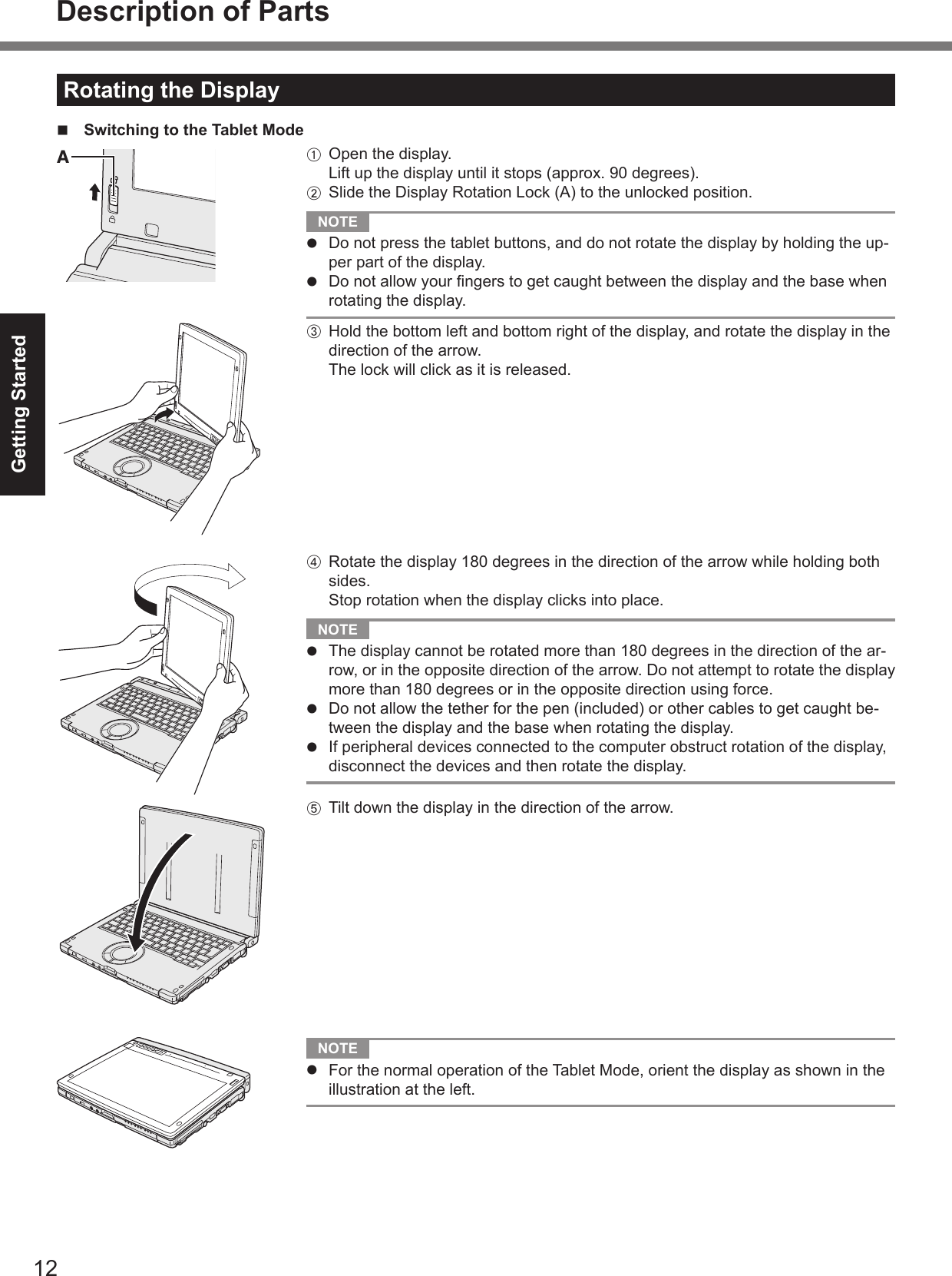 Getting StartedRotating the Displayn Switching to the Tablet ModeDescription of PartsA B NOTE l l C D NOTE l l l E NOTE l A