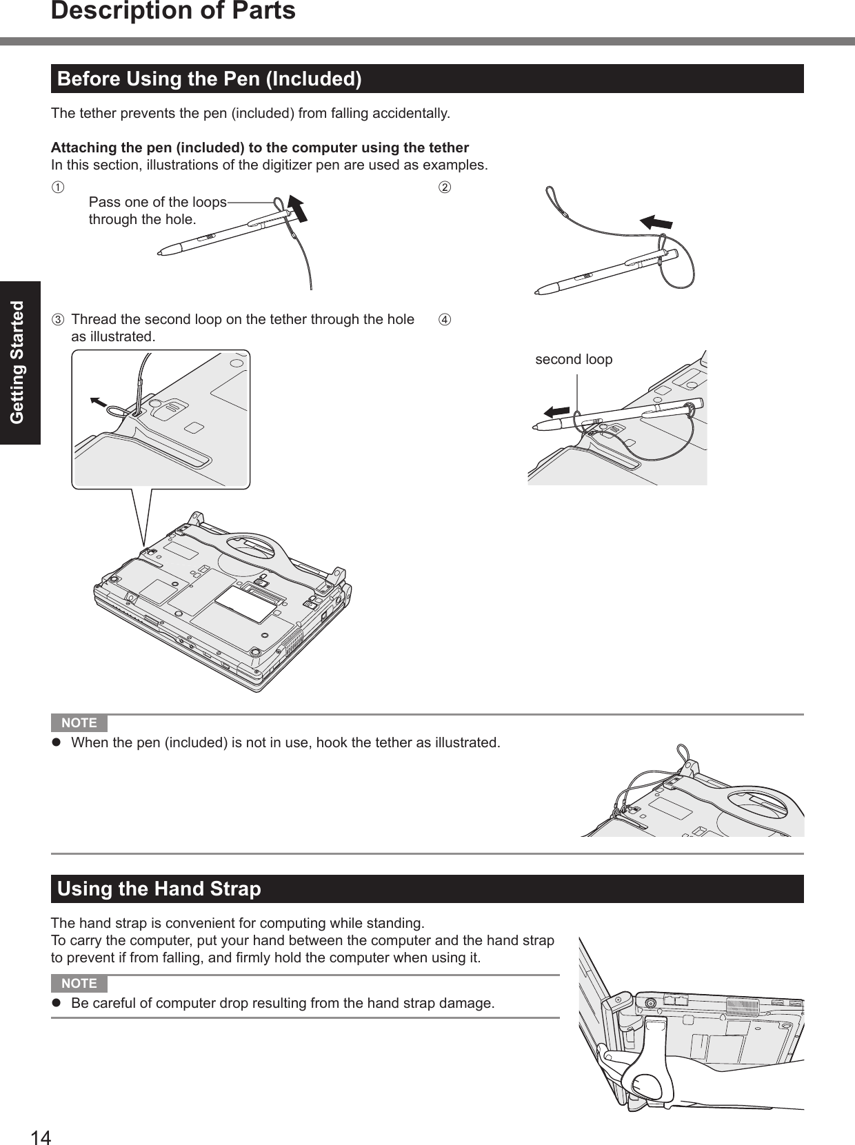 Getting StartedBefore Using the Pen (Included)Attaching the pen (included) to the computer using the tetherA BC DUsing the Hand Strap NOTE l Description of Parts NOTE l 