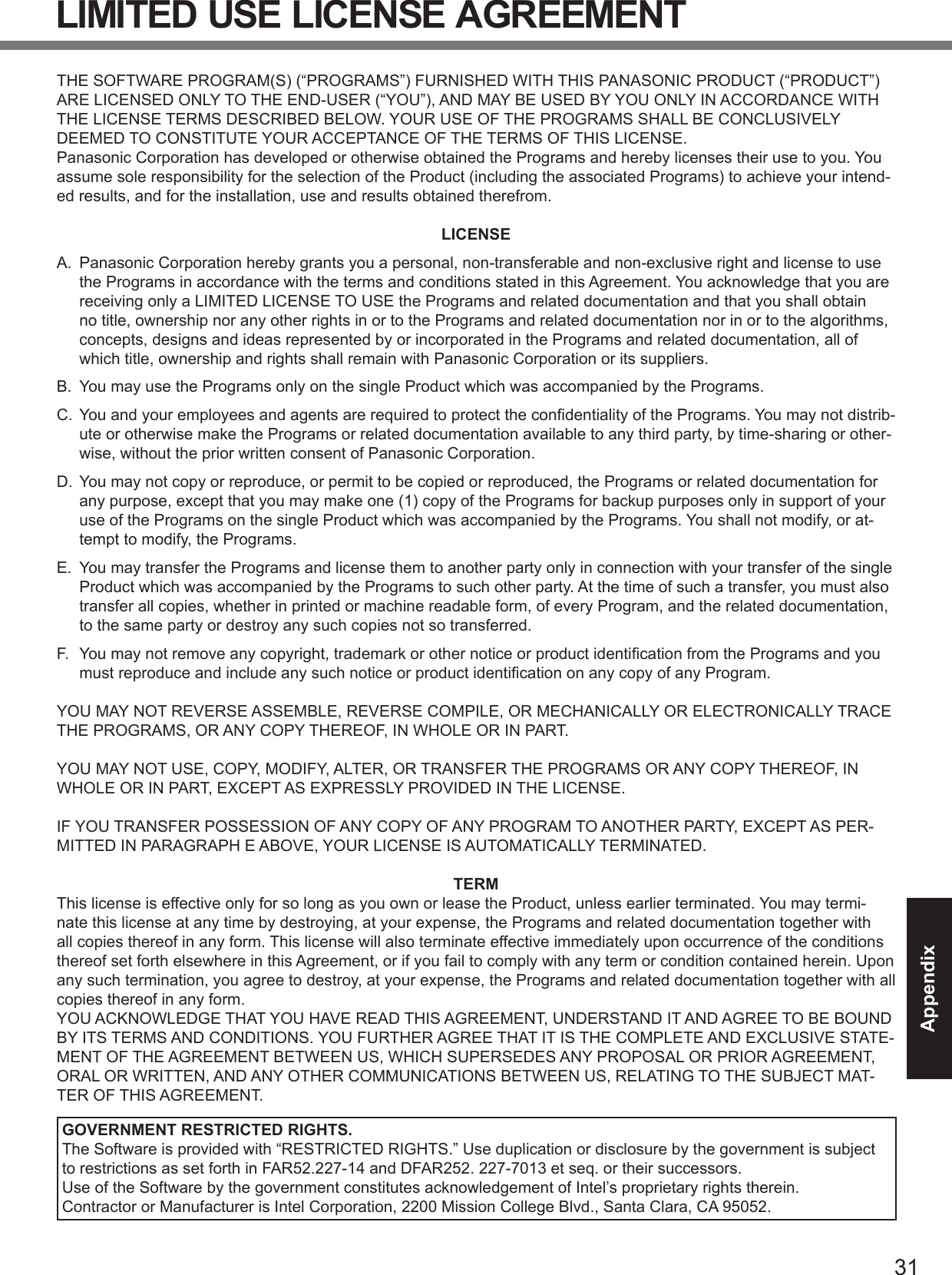 AppendixLIMITED USE LICENSE AGREEMENTLICENSE TERMGOVERNMENT RESTRICTED RIGHTS.