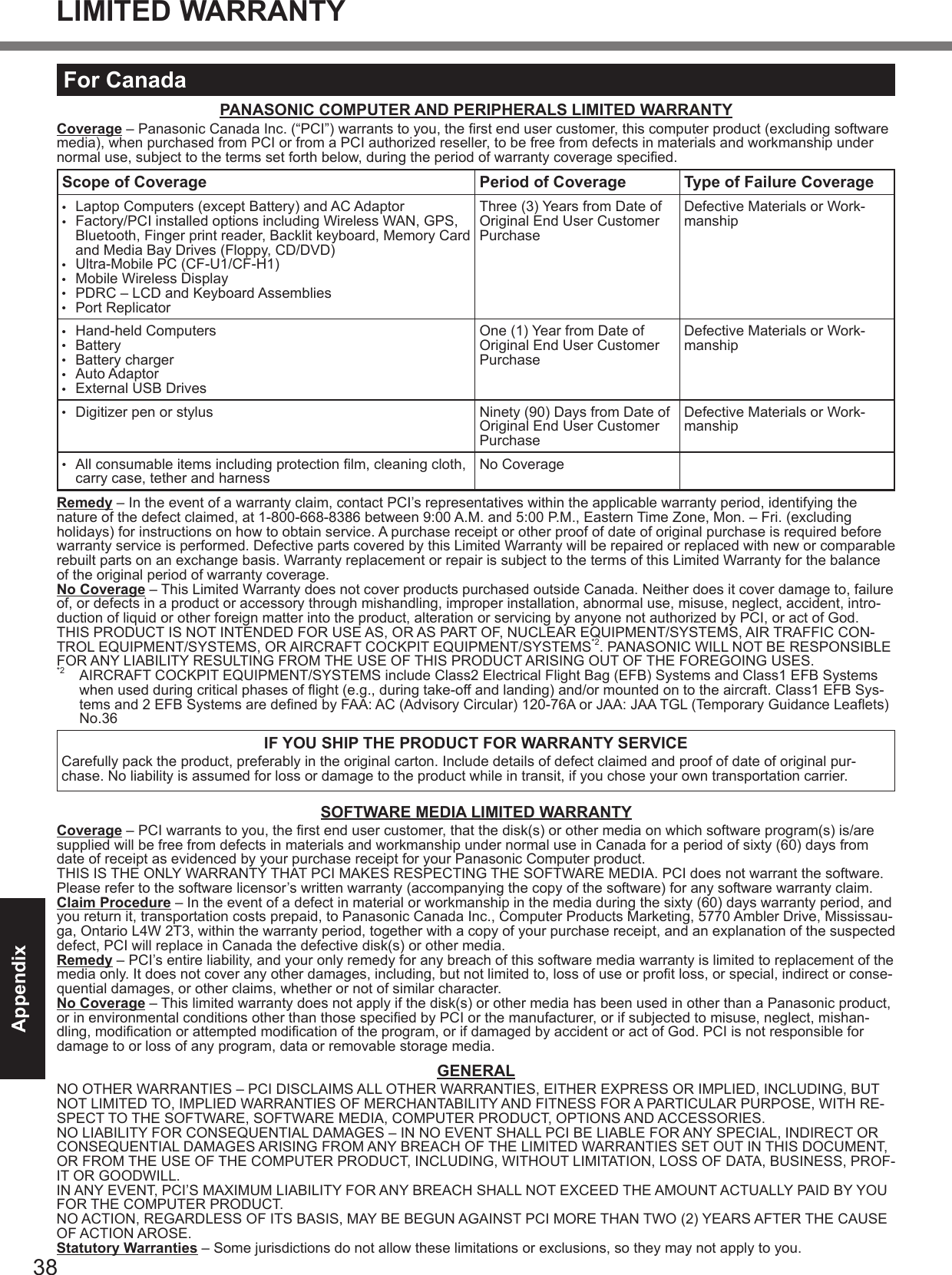 AppendixLIMITED WARRANTYFor CanadaPANASONIC COMPUTER AND PERIPHERALS LIMITED WARRANTYCoverageScope of Coverage Period of Coverage Type of Failure Coverage• • • • • • • • • • • • • RemedyNo Coverage IF YOU SHIP THE PRODUCT FOR WARRANTY SERVICESOFTWARE MEDIA LIMITED WARRANTYCoverageClaim ProcedureRemedyNo CoverageGENERALStatutory Warranties