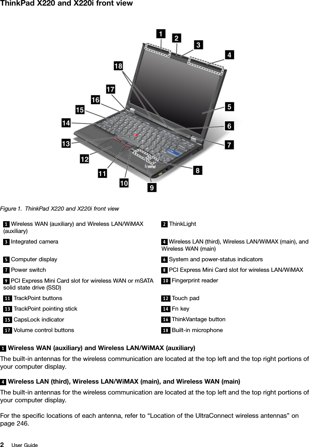 ThinkPadX220andX220ifrontviewFigure1.ThinkPadX220andX220ifrontview1WirelessWAN(auxiliary)andWirelessLAN/WiMAX(auxiliary)2ThinkLight3Integratedcamera4WirelessLAN(third),WirelessLAN/WiMAX(main),andWirelessWAN(main)5Computerdisplay6Systemandpower-statusindicators7Powerswitch8PCIExpressMiniCardslotforwirelessLAN/WiMAX9PCIExpressMiniCardslotforwirelessWANormSATAsolidstatedrive(SSD)10Fingerprintreader11TrackPointbuttons12Touchpad13TrackPointpointingstick14Fnkey15CapsLockindicator16ThinkVantagebutton17Volumecontrolbuttons18Built-inmicrophone1WirelessWAN(auxiliary)andWirelessLAN/WiMAX(auxiliary)Thebuilt-inantennasforthewirelesscommunicationarelocatedatthetopleftandthetoprightportionsofyourcomputerdisplay.4WirelessLAN(third),WirelessLAN/WiMAX(main),andWirelessWAN(main)Thebuilt-inantennasforthewirelesscommunicationarelocatedatthetopleftandthetoprightportionsofyourcomputerdisplay.Forthespeciclocationsofeachantenna,referto“LocationoftheUltraConnectwirelessantennas”onpage246.2UserGuide