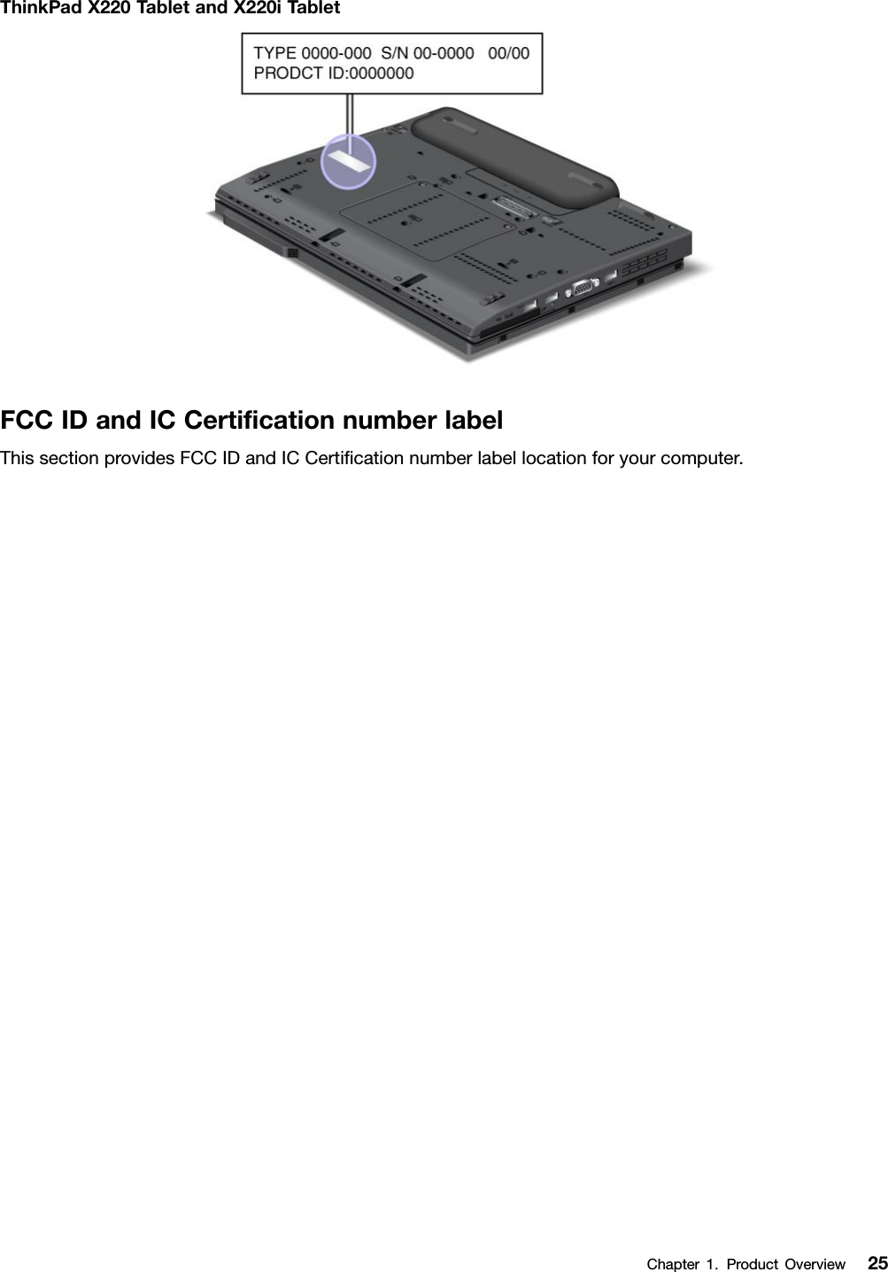 ThinkPadX220TabletandX220iTabletFCCIDandICCerticationnumberlabelThissectionprovidesFCCIDandICCerticationnumberlabellocationforyourcomputer.Chapter1.ProductOverview25