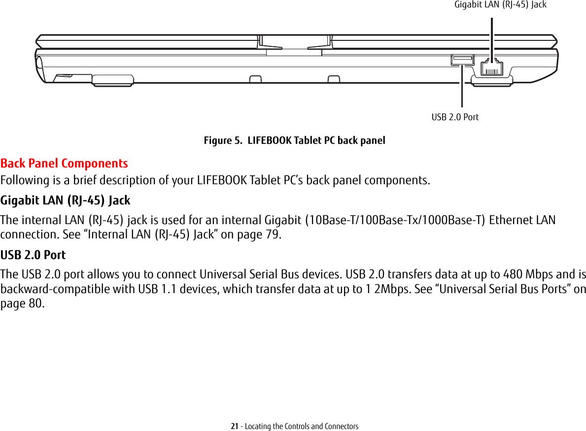 21 - Locating the Controls and ConnectorsFigure 5.  LIFEBOOK Tablet PC back panelBack Panel ComponentsFollowing is a brief description of your LIFEBOOK Tablet PC’s back panel components. Gigabit LAN (RJ-45) Jack The internal LAN (RJ-45) jack is used for an internal Gigabit (10Base-T/100Base-Tx/1000Base-T) Ethernet LAN connection. See “Internal LAN (RJ-45) Jack” on page 79.USB 2.0 Port The USB 2.0 port allows you to connect Universal Serial Bus devices. USB 2.0 transfers data at up to 480 Mbps and is backward-compatible with USB 1.1 devices, which transfer data at up to 1 2Mbps. See “Universal Serial Bus Ports” on page 80. Gigabit LAN (RJ-45) JackUSB 2.0 Port 