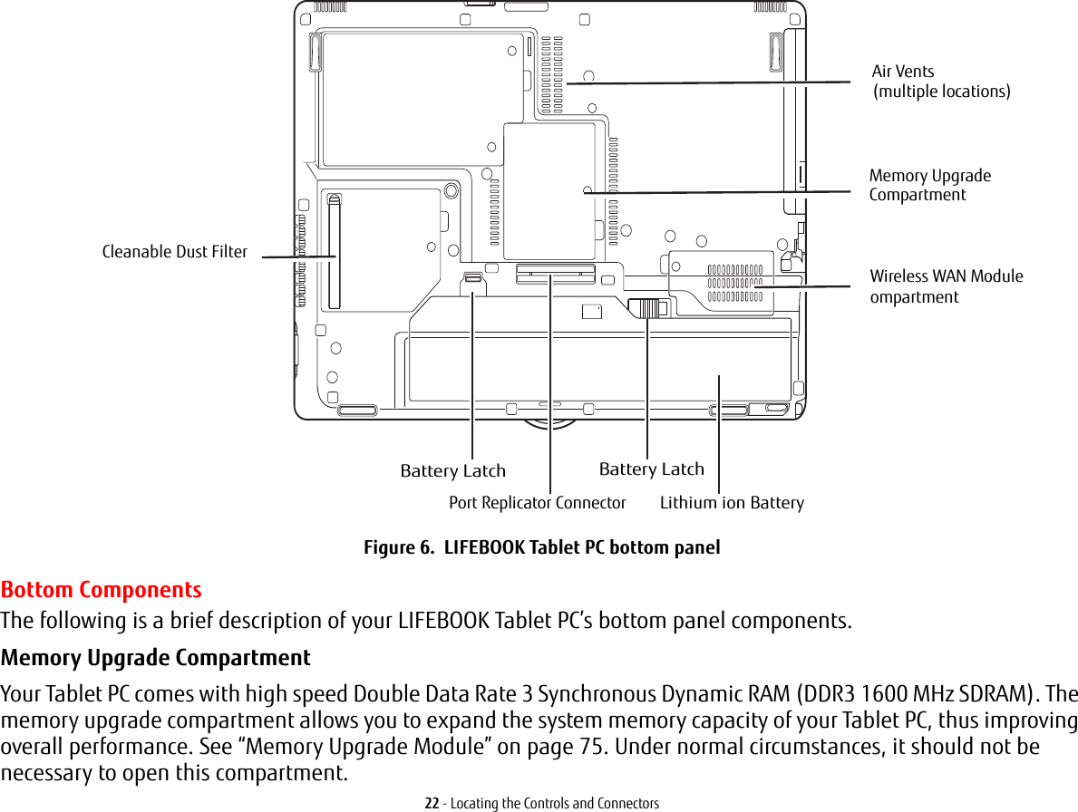 22 - Locating the Controls and ConnectorsFigure 6.  LIFEBOOK Tablet PC bottom panelBottom ComponentsThe following is a brief description of your LIFEBOOK Tablet PC’s bottom panel components. Memory Upgrade Compartment Your Tablet PC comes with high speed Double Data Rate 3 Synchronous Dynamic RAM (DDR3 1600 MHz SDRAM). The memory upgrade compartment allows you to expand the system memory capacity of your Tablet PC, thus improving overall performance. See “Memory Upgrade Module” on page 75. Under normal circumstances, it should not be necessary to open this compartment.Memory UpgradeLithium ion BatteryPort Replicator ConnectorAir VentsBattery LatchCleanable Dust FilterCompartment Battery Latch(multiple locations)Wireless WAN Moduleompartment