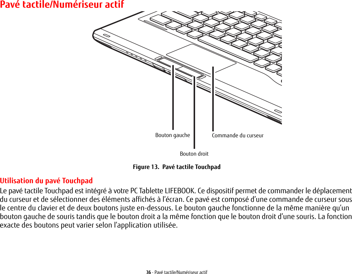 36 - Pavé tactile/Numériseur actifPavé tactile/Numériseur actifBouton gaucheBouton droitCommande du curseurFigure 13.  Pavé tactile TouchpadUtilisation du pavé TouchpadLe pavé tactile Touchpad est intégré à votre PC Tablette LIFEBOOK. Ce dispositif permet de commander le déplacement du curseur et de sélectionner des éléments affichés à l’écran. Ce pavé est composé d’une commande de curseur sous le centre du clavier et de deux boutons juste en-dessous. Le bouton gauche fonctionne de la même manière qu’un bouton gauche de souris tandis que le bouton droit a la même fonction que le bouton droit d’une souris. La fonction exacte des boutons peut varier selon l’application utilisée.