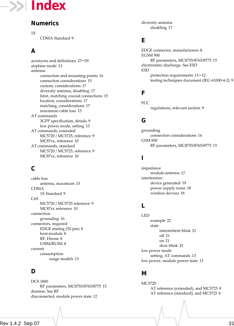 Rev 1.4.2  Sep.07 31IndexNumerics1XCDMAStandard 9Aacronymsanddefinitions 27–29airplanemode 13antennaconnectionandmountingpoints 16connectionconsiderations 15custom,considerations 17diversityantenna,disabling 17limit,matchingcoaxialconnections 15location,considerations 17matching,considerations 17maximumcableloss 15ATcommands3GPPspecification,details 9lowpowermode,setting 13ATcommands,extendedMC5720/MC5725,reference 9MC87xx,reference 10ATcommands,standardMC5720/MC5725,reference 9MC87xx,reference 10Ccablelossantenna,maximum 15CDMA1XStandard 9CnSMC5720/MC5725reference 9MC87xxreference 10connectiongrounding 16connectors,requiredEDGEmating(52‐pin) 8host‐module 8RF,Hirose 8USIM/RUIM 8currentconsumptionusagemodels 13DDCS1800RFparameters,MC8755/8765/8775 15desense.SeeRFdisconnected,modulepowerstate 12diversityantennadisabling 17EEDGEconnector,manufacturers 8EGSM900RFparameters,MC8755/8765/8775 15electrostaticdischarge.SeeESDESDprotectionrequirements 11–12testingtechniquesdocument(IEC‐61000‐4‐2) 9FFCCregulations,relevantsection 9Ggroundingconnectionconsiderations 16GSM850RFparameters,MC8755/8765/8775 15Iimpedancemodule‐antenna 17interferencedevicegenerated 19powersupplynoise 18wirelessdevices 18LLEDexample 22stateintermittentblink 21off 21on 21slowblink 21lowpowermodesetting,ATcommands 13lowpower,modulepowerstate 13MMC5720ATreference(extended),andMC5725 9ATreference(standard),andMC5725 9