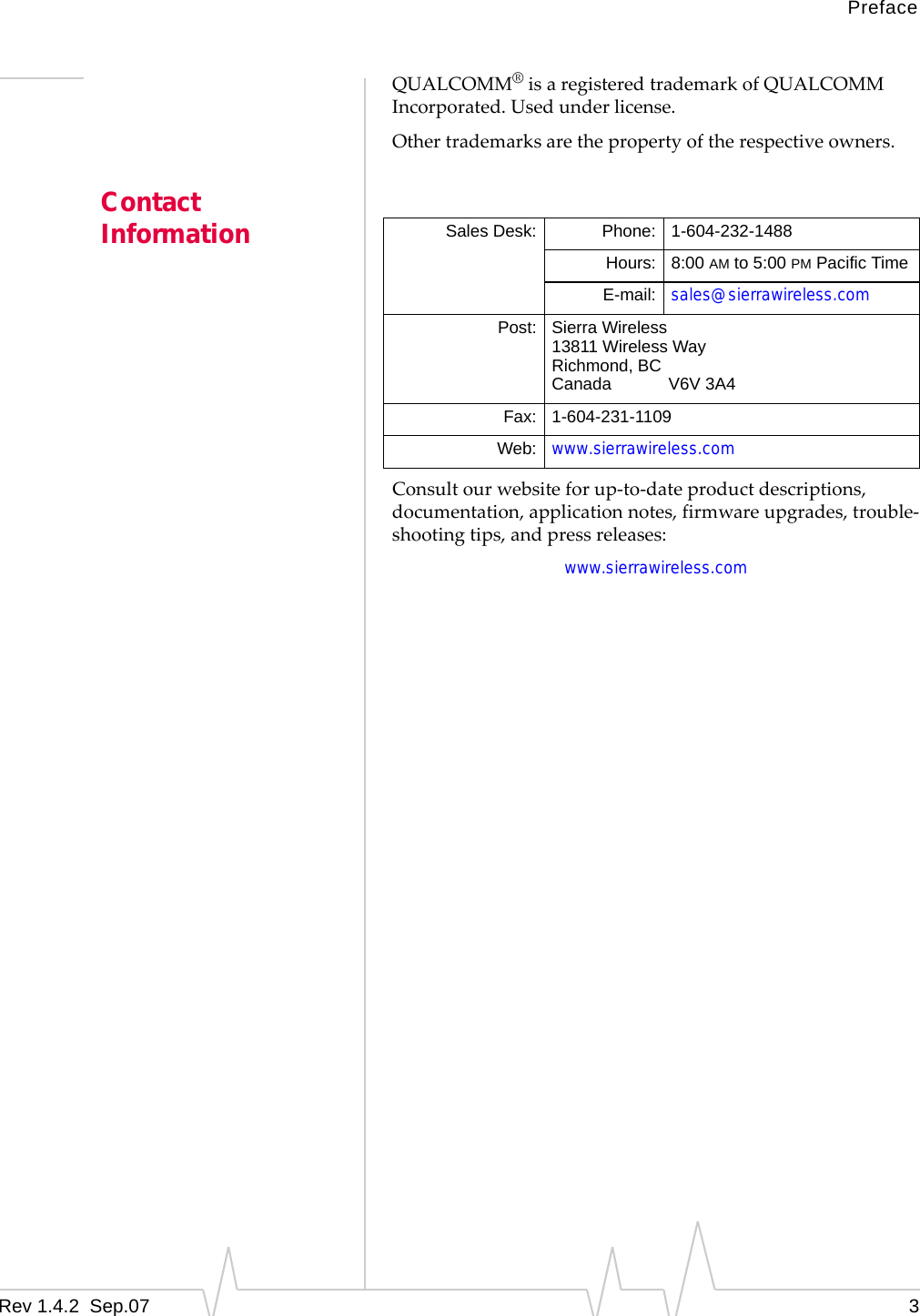 PrefaceRev 1.4.2  Sep.07    3QUALCOMM®isaregisteredtrademarkofQUALCOMMIncorporated.Usedunderlicense.Othertrademarksarethepropertyoftherespectiveowners.Contact InformationConsultourwebsiteforup‐to‐dateproductdescriptions,documentation,applicationnotes,firmwareupgrades,trouble‐shootingtips,andpressreleases:www.sierrawireless.comSales Desk: Phone: 1-604-232-1488Hours: 8:00 AM to 5:00 PM Pacific TimeE-mail: sales@sierrawireless.comPost: Sierra Wireless13811 Wireless WayRichmond, BCCanada            V6V 3A4Fax: 1-604-231-1109Web: www.sierrawireless.com