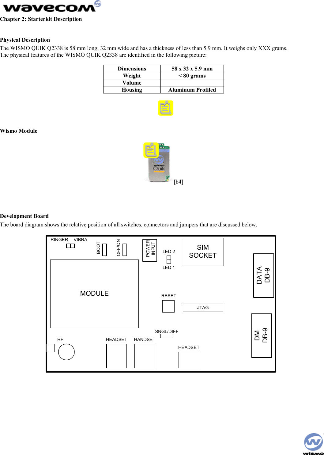 Chapter 2: Starterkit Description  Physical Description The WISMO QUIK Q2338 is 58 mm long, 32 mm wide and has a thickness of less than 5.9 mm. It weighs only XXX grams. The physical features of the WISMO QUIK Q2338 are identified in the following picture:   Dimensions  58 x 32 x 5.9 mm Weight  &lt; 80 grams Volume  Housing  Aluminum Profiled   [b3]   Wismo Module   [b4]    Development Board  The board diagram shows the relative position of all switches, connectors and jumpers that are discussed below.  MODULEDMDB-9 DATADB-9SIMSOCKETRF HEADSET HANDSETHEADSETJTAGPOWERINPUTRESETSNGL/DIFFLED 1VIBRARINGEROFF/ONBOOTLED 2   