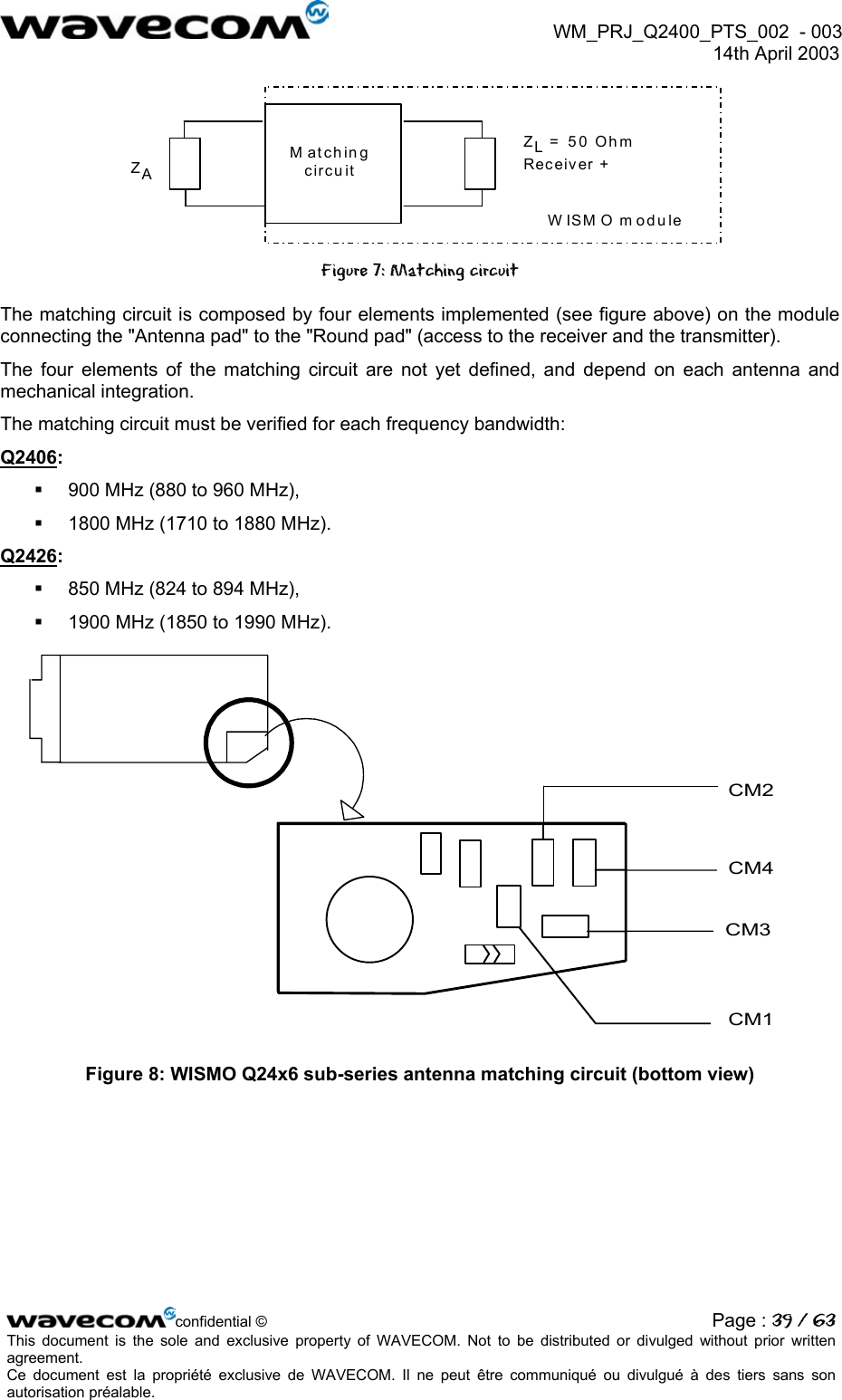 WM_PRJ_Q2400_PTS_002 - 003 14th April 2003 M atching circuit ZL= 50 OhmReceiver + WISMO module ZA Figure 7: Matching circuit The matching circuit is composed by four elements implemented (see figure above) on the module connecting the "Antenna pad" to the "Round pad" (access to the receiver and the transmitter). The four elements of the matching circuit are not yet defined, and depend on each antenna and mechanical integration. The matching circuit must be verified for each frequency bandwidth: Q2406: 900 MHz (880 to 960 MHz), 1800 MHz (1710 to 1880 MHz). Q2426: 850 MHz (824 to 894 MHz), 1900 MHz (1850 to 1990 MHz). CM4CM2CM3CM1 Figure 8: WISMO Q24x6 sub-series antenna matching circuit (bottom view) confidential © Page : 39 / 63This document is the sole and exclusive property of WAVECOM. Not to be distributed or divulged without prior written agreement. Ce document est la propriété exclusive de WAVECOM. Il ne peut être communiqué ou divulgué à des tiers sans son autorisation préalable.