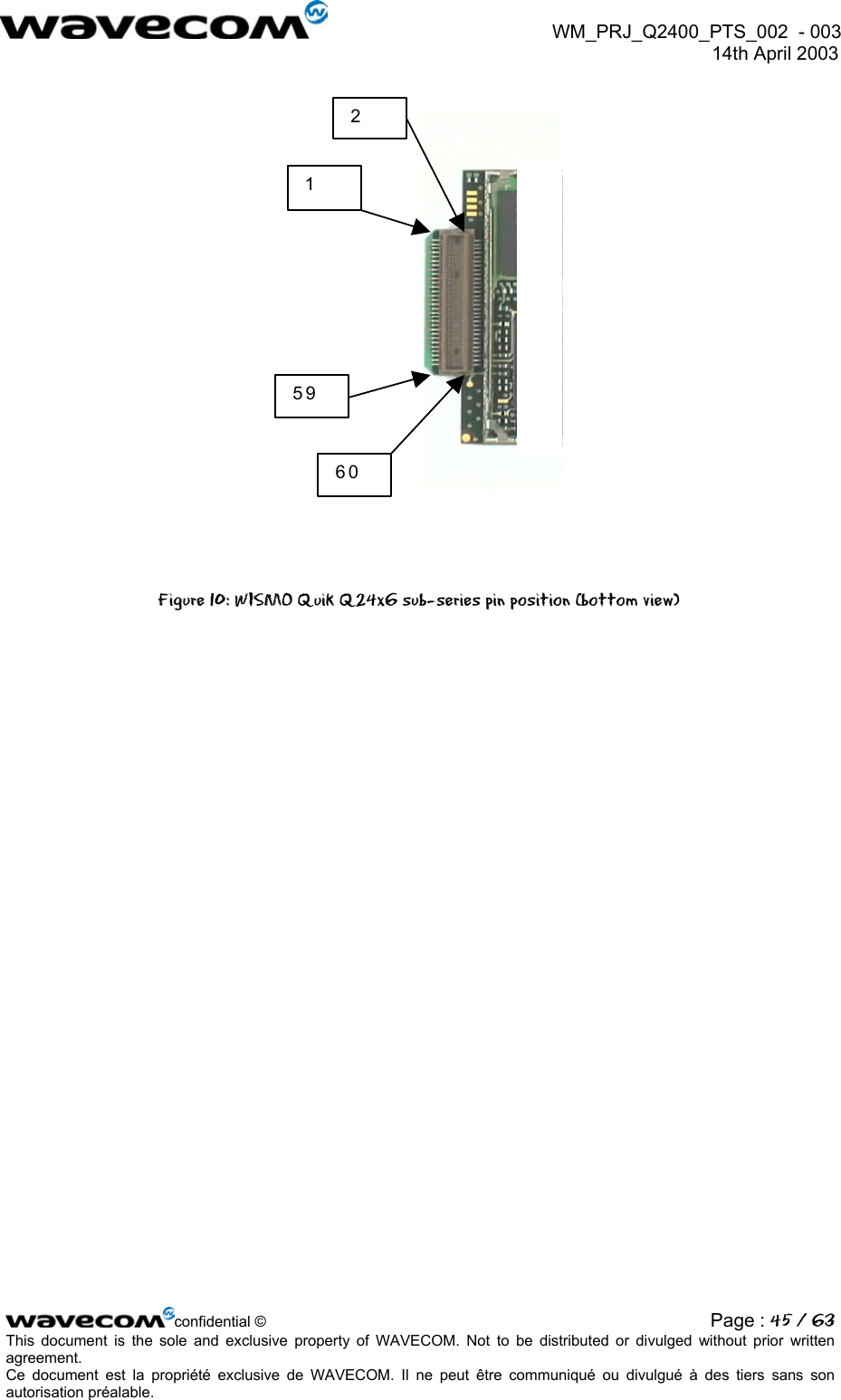 WM_PRJ_Q2400_PTS_002 - 003 14th April 2003 125960 Figure 10: WISMO Quik Q24x6 sub-series pin position (bottom view) confidential © Page : 45 / 63This document is the sole and exclusive property of WAVECOM. Not to be distributed or divulged without prior written agreement. Ce document est la propriété exclusive de WAVECOM. Il ne peut être communiqué ou divulgué à des tiers sans son autorisation préalable.