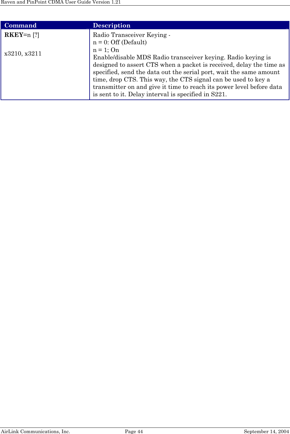 Raven and PinPoint CDMA User Guide Version 1.21 AirLink Communications, Inc.  Page 44  September 14, 2004 Command Description RKEY=n [?]  x3210, x3211 Radio Transceiver Keying -  n = 0: Off (Default) n = 1; On Enable/disable MDS Radio transceiver keying. Radio keying is designed to assert CTS when a packet is received, delay the time as specified, send the data out the serial port, wait the same amount time, drop CTS. This way, the CTS signal can be used to key a transmitter on and give it time to reach its power level before data is sent to it. Delay interval is specified in S221.  