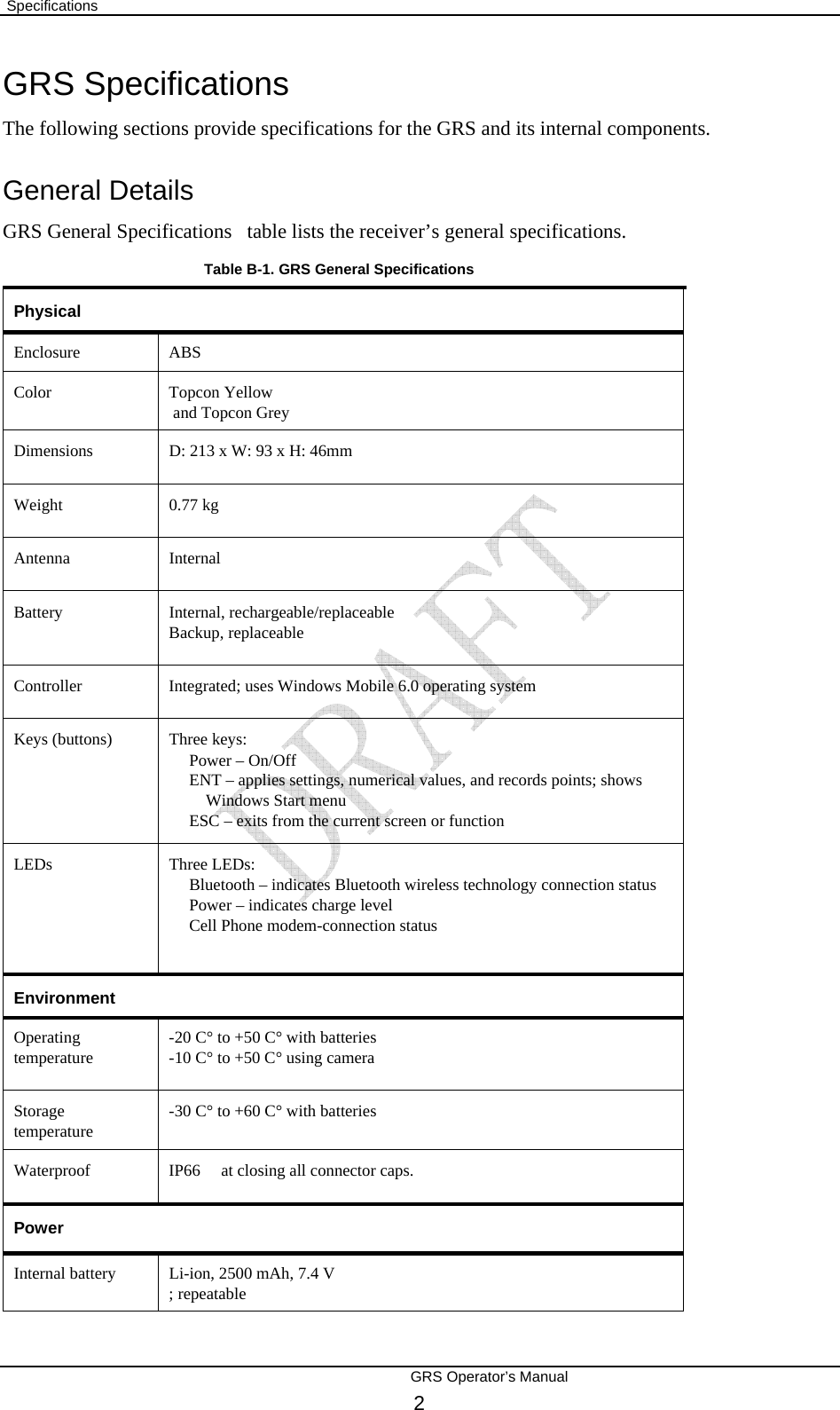  Specifications        GRS Operator’s Manual 2 GRS Specifications The following sections provide specifications for the GRS and its internal components. General Details GRS General Specifications   table lists the receiver’s general specifications.  Table B-1. GRS General Specifications   Physical Enclosure ABS Color Topcon Yellow  and Topcon Grey Dimensions  D: 213 x W: 93 x H: 46mm Weight 0.77 kg Antenna Internal Battery Internal, rechargeable/replaceable Backup, replaceable Controller Integrated; uses Windows Mobile 6.0 operating system Keys (buttons)  Three keys: Power – On/Off ENT – applies settings, numerical values, and records points; shows Windows Start menu ESC – exits from the current screen or function LEDs Three LEDs: Bluetooth – indicates Bluetooth wireless technology connection status Power – indicates charge level Cell Phone modem-connection status     Environment Operating temperature -20 C° to +50 C° with batteries -10 C° to +50 C° using camera Storage temperature -30 C° to +60 C° with batteries Waterproof IP66  at closing all connector caps. Power Internal battery  Li-ion, 2500 mAh, 7.4 V ; repeatable 