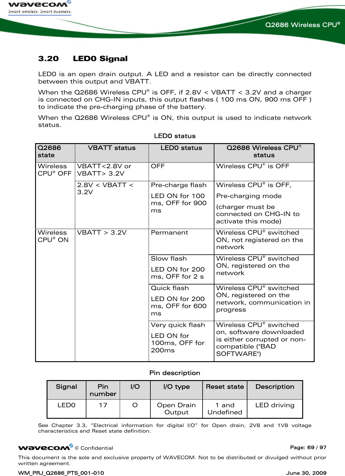      © Confidential  Page: 69 / 97 This document is the sole and exclusive property of WAVECOM. Not to be distributed or divulged without prior written agreement. WM_PRJ_Q2686_PTS_001-010  June 30, 2009  Q2686 Wireless CPU® 3.20 LED0 Signal  LED0 is an open drain output. A LED and a resistor can be directly connected between this output and VBATT. When the Q2686 Wireless CPU® is OFF, if 2.8V &lt; VBATT &lt; 3.2V and a charger is connected on CHG-IN inputs, this output flashes ( 100 ms ON, 900 ms OFF ) to indicate the pre-charging phase of the battery. When the Q2686 Wireless CPU® is ON, this output is used to indicate network status. LED0 status Q2686 state VBATT status  LED0 status  Q2686 Wireless CPU® status VBATT&lt;2.8V or VBATT&gt; 3.2V OFF Wireless CPU® is OFF Wireless CPU® OFF  2.8V &lt; VBATT &lt; 3.2V Pre-charge flash LED ON for 100 ms, OFF for 900 ms Wireless CPU® is OFF, Pre-charging mode (charger must be connected on CHG-IN to activate this mode) Permanent Wireless CPU® switched ON, not registered on the network Slow flash LED ON for 200 ms, OFF for 2 s Wireless CPU® switched ON, registered on the network Quick flash LED ON for 200 ms, OFF for 600 ms Wireless CPU® switched ON, registered on the network, communication in progress Wireless CPU® ON  VBATT &gt; 3.2V Very quick flash LED ON for 100ms, OFF for 200ms Wireless CPU® switched on, software downloaded is either corrupted or non-compatible (&quot;BAD SOFTWARE&quot;)  Pin description Signal  Pin number I/O  I/O type  Reset state Description LED0 17  O Open Drain Output 1 and Undefined LED driving See Chapter 3.3, “Electrical information for digital I/O” for Open drain, 2V8 and 1V8 voltage characteristics and Reset state definition. 