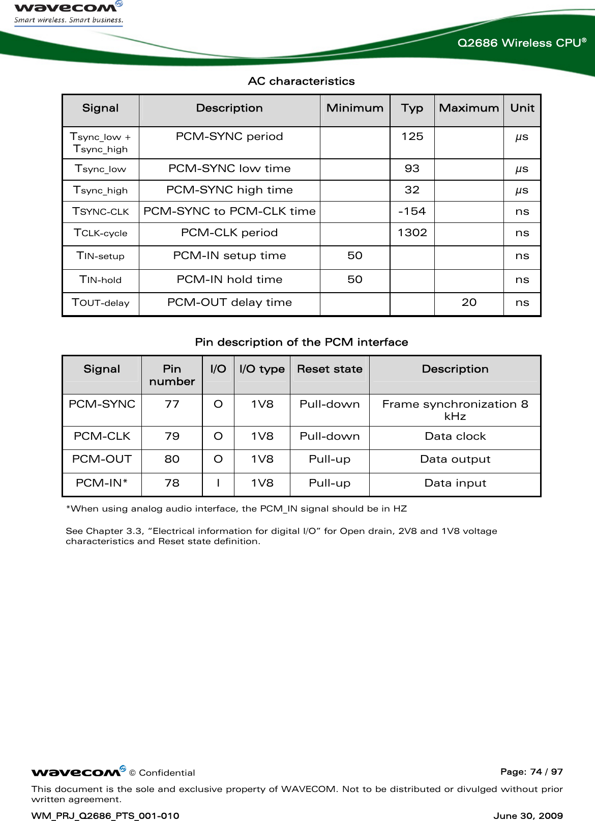      © Confidential  Page: 74 / 97 This document is the sole and exclusive property of WAVECOM. Not to be distributed or divulged without prior written agreement. WM_PRJ_Q2686_PTS_001-010  June 30, 2009  Q2686 Wireless CPU® AC characteristics Signal  Description  Minimum Typ  Maximum  Unit Tsync_low + Tsync_high PCM-SYNC period    125    μs Tsync_low  PCM-SYNC low time    93    μs Tsync_high  PCM-SYNC high time    32    μs TSYNC-CLK  PCM-SYNC to PCM-CLK time  -154   ns TCLK-cycle PCM-CLK period   1302  ns TIN-setup  PCM-IN setup time  50      ns TIN-hold  PCM-IN hold time  50      ns TOUT-delay PCM-OUT delay time      20 ns  Pin description of the PCM interface Signal  Pin number I/O  I/O type Reset state  Description PCM-SYNC 77  O 1V8 Pull-down Frame synchronization 8 kHz PCM-CLK 79 O 1V8 Pull-down  Data clock PCM-OUT 80 O 1V8  Pull-up  Data output PCM-IN* 78 I 1V8 Pull-up  Data input *When using analog audio interface, the PCM_IN signal should be in HZ See Chapter 3.3, “Electrical information for digital I/O” for Open drain, 2V8 and 1V8 voltage characteristics and Reset state definition.  