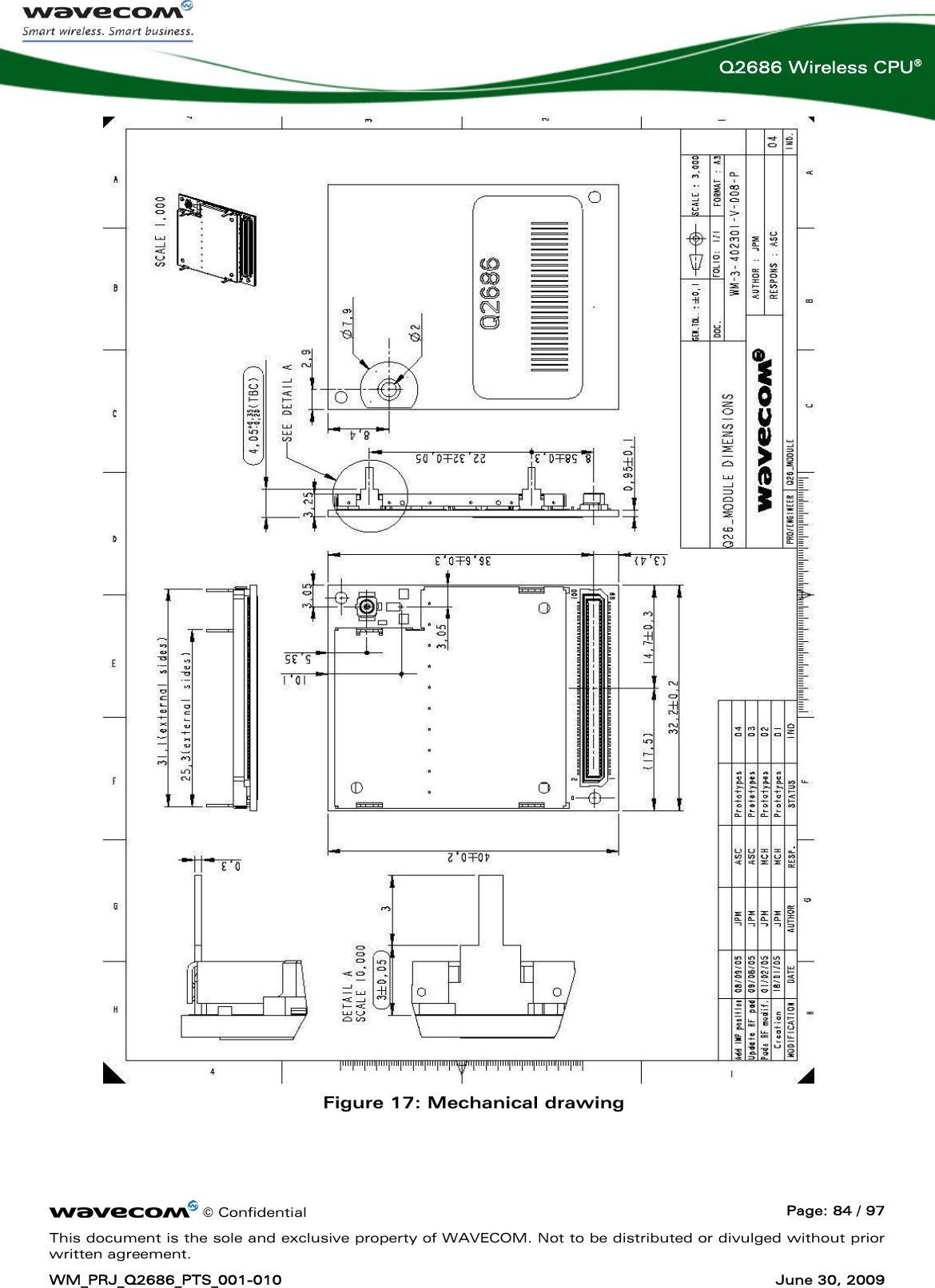      © Confidential  Page: 84 / 97 This document is the sole and exclusive property of WAVECOM. Not to be distributed or divulged without prior written agreement. WM_PRJ_Q2686_PTS_001-010  June 30, 2009  Q2686 Wireless CPU®  Figure 17: Mechanical drawing 
