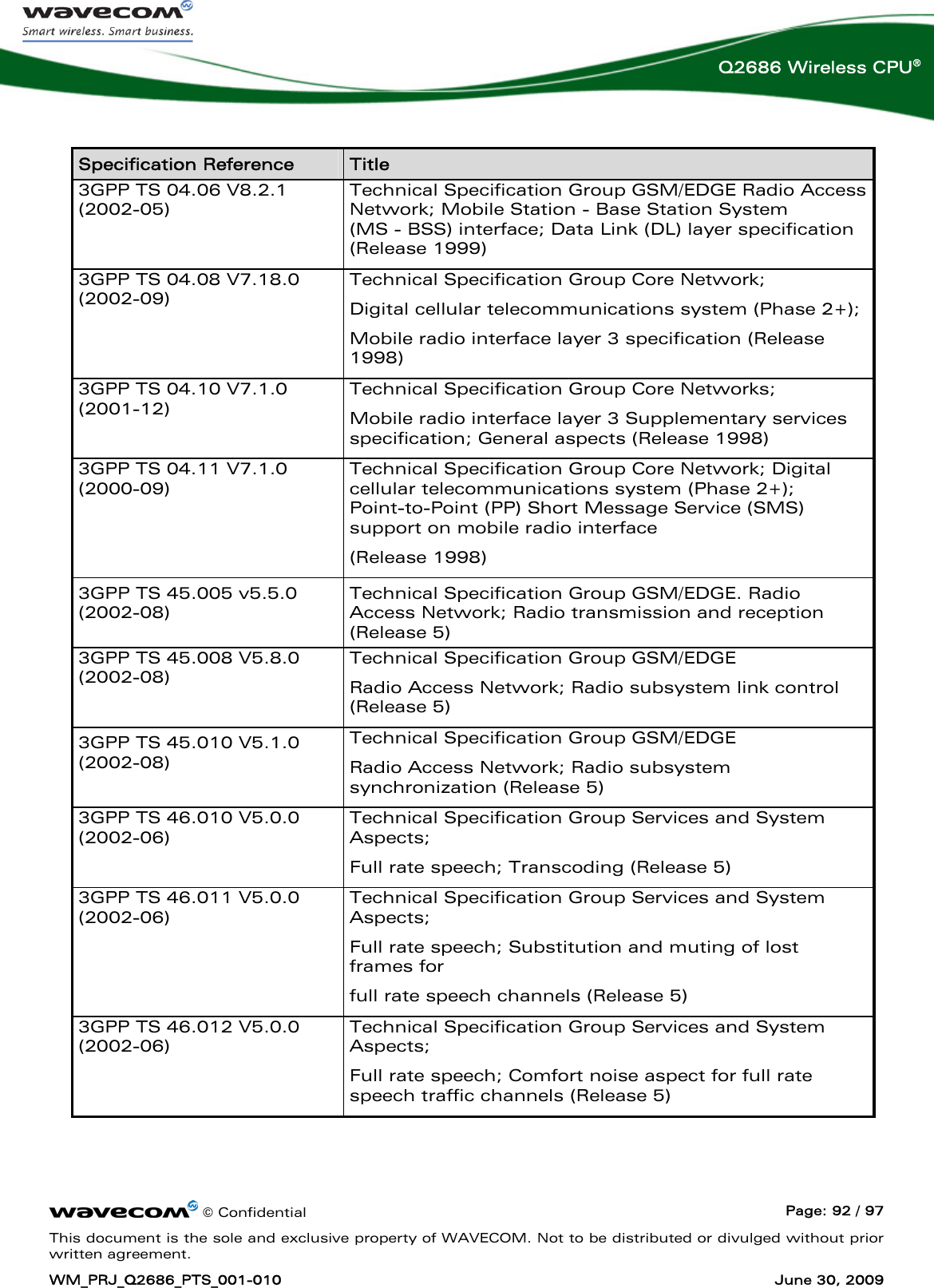      © Confidential  Page: 92 / 97 This document is the sole and exclusive property of WAVECOM. Not to be distributed or divulged without prior written agreement. WM_PRJ_Q2686_PTS_001-010  June 30, 2009  Q2686 Wireless CPU®  Specification Reference  Title 3GPP TS 04.06 V8.2.1 (2002-05) Technical Specification Group GSM/EDGE Radio Access Network; Mobile Station - Base Station System  (MS - BSS) interface; Data Link (DL) layer specification (Release 1999) 3GPP TS 04.08 V7.18.0 (2002-09) Technical Specification Group Core Network; Digital cellular telecommunications system (Phase 2+); Mobile radio interface layer 3 specification (Release 1998) 3GPP TS 04.10 V7.1.0 (2001-12)  Technical Specification Group Core Networks; Mobile radio interface layer 3 Supplementary services specification; General aspects (Release 1998) 3GPP TS 04.11 V7.1.0 (2000-09) Technical Specification Group Core Network; Digital cellular telecommunications system (Phase 2+); Point-to-Point (PP) Short Message Service (SMS) support on mobile radio interface (Release 1998) 3GPP TS 45.005 v5.5.0 (2002-08)  Technical Specification Group GSM/EDGE. Radio Access Network; Radio transmission and reception (Release 5) 3GPP TS 45.008 V5.8.0 (2002-08) Technical Specification Group GSM/EDGE Radio Access Network; Radio subsystem link control (Release 5) 3GPP TS 45.010 V5.1.0 (2002-08) Technical Specification Group GSM/EDGE Radio Access Network; Radio subsystem synchronization (Release 5) 3GPP TS 46.010 V5.0.0 (2002-06) Technical Specification Group Services and System Aspects; Full rate speech; Transcoding (Release 5) 3GPP TS 46.011 V5.0.0 (2002-06) Technical Specification Group Services and System Aspects; Full rate speech; Substitution and muting of lost frames for full rate speech channels (Release 5) 3GPP TS 46.012 V5.0.0 (2002-06) Technical Specification Group Services and System Aspects; Full rate speech; Comfort noise aspect for full rate speech traffic channels (Release 5) 