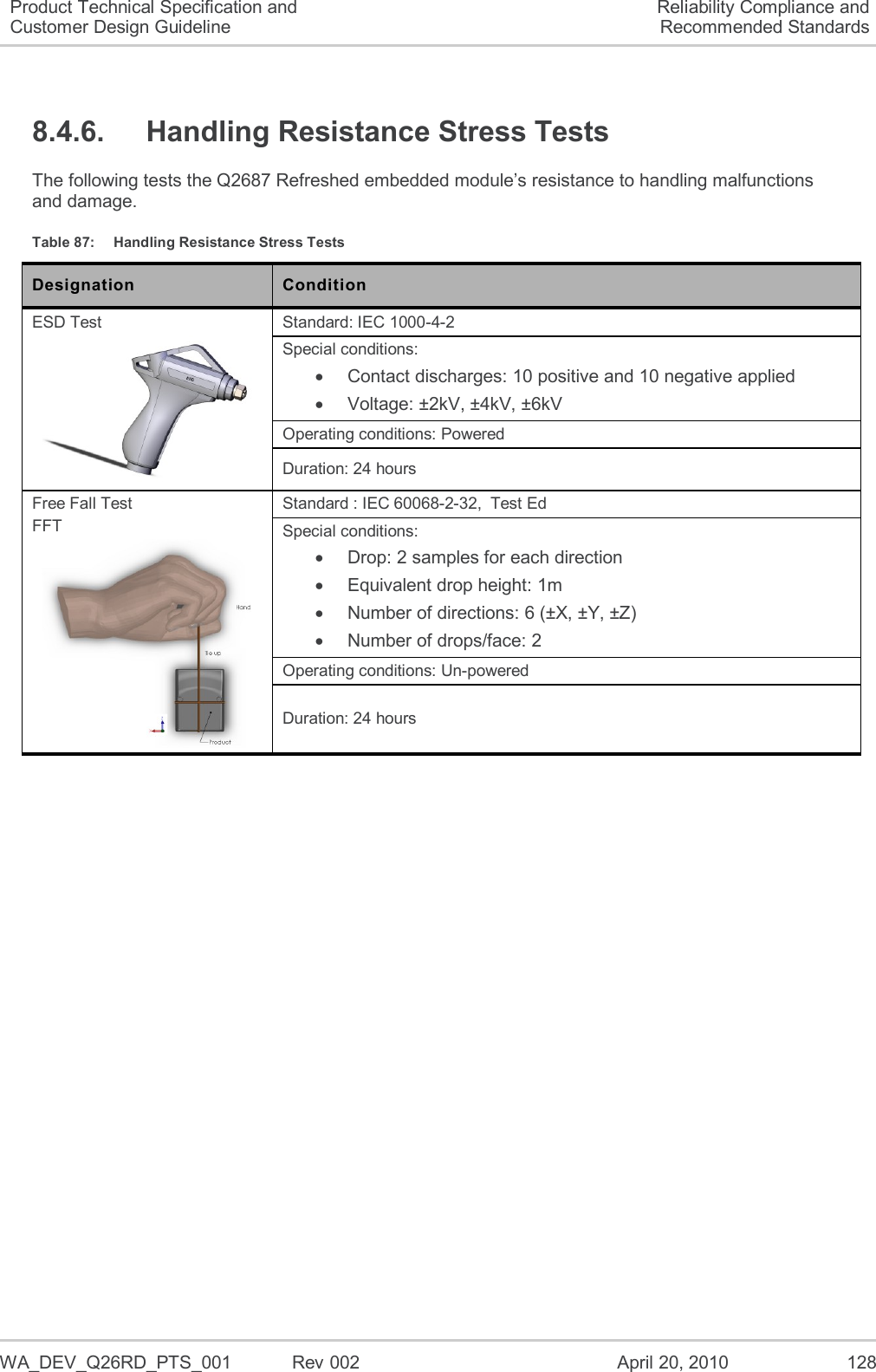   WA_DEV_Q26RD_PTS_001  Rev 002  April 20, 2010 128 Product Technical Specification and Customer Design Guideline Reliability Compliance and Recommended Standards 8.4.6.  Handling Resistance Stress Tests The following tests the Q2687 Refreshed embedded module’s resistance to handling malfunctions and damage. Table 87:  Handling Resistance Stress Tests Designation Condition ESD Test  Standard: IEC 1000-4-2 Special conditions:   Contact discharges: 10 positive and 10 negative applied   Voltage: ±2kV, ±4kV, ±6kV Operating conditions: Powered Duration: 24 hours Free Fall Test FFT  Standard : IEC 60068-2-32,  Test Ed Special conditions:   Drop: 2 samples for each direction   Equivalent drop height: 1m   Number of directions: 6 (±X, ±Y, ±Z)   Number of drops/face: 2 Operating conditions: Un-powered Duration: 24 hours   