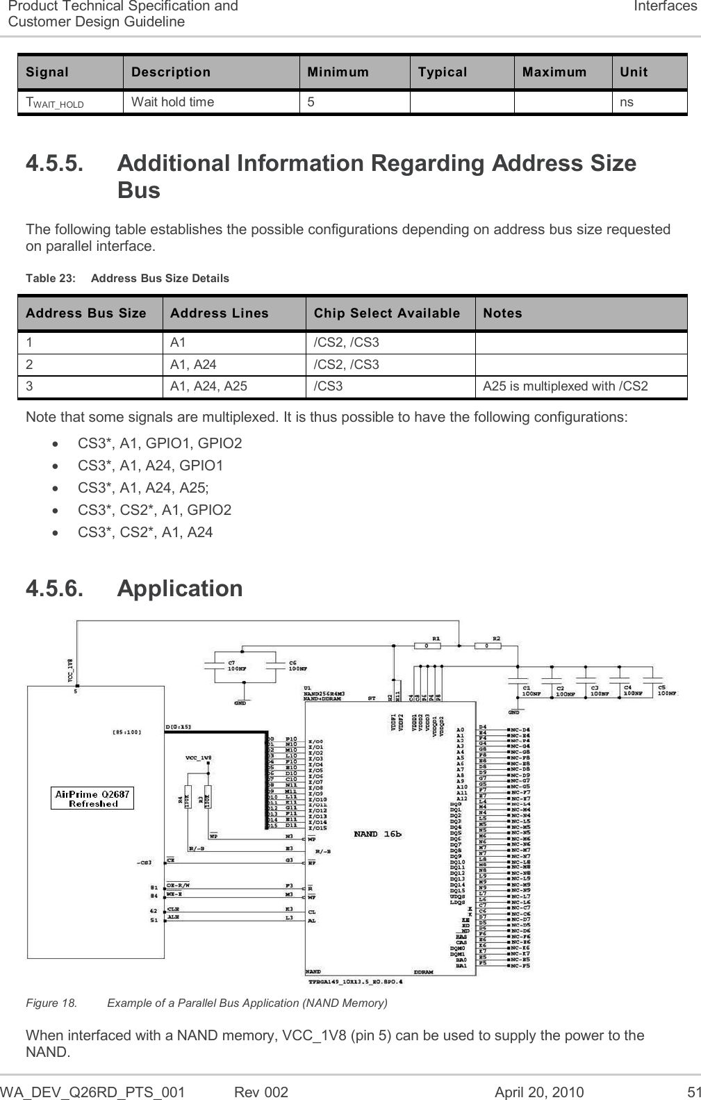  WA_DEV_Q26RD_PTS_001  Rev 002  April 20, 2010 51 Product Technical Specification and Customer Design Guideline Interfaces Signal Description Minimum Typical Maximum Unit TWAIT_HOLD Wait hold time 5   ns 4.5.5.  Additional Information Regarding Address Size Bus The following table establishes the possible configurations depending on address bus size requested on parallel interface. Table 23:  Address Bus Size Details Address Bus Size Address Lines Chip Select Available Notes 1 A1 /CS2, /CS3  2 A1, A24 /CS2, /CS3  3 A1, A24, A25 /CS3 A25 is multiplexed with /CS2 Note that some signals are multiplexed. It is thus possible to have the following configurations:   CS3*, A1, GPIO1, GPIO2   CS3*, A1, A24, GPIO1   CS3*, A1, A24, A25;   CS3*, CS2*, A1, GPIO2   CS3*, CS2*, A1, A24 4.5.6.  Application  Figure 18.  Example of a Parallel Bus Application (NAND Memory) When interfaced with a NAND memory, VCC_1V8 (pin 5) can be used to supply the power to the NAND. 