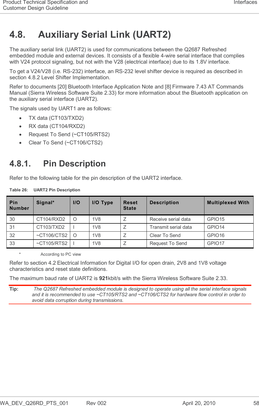  WA_DEV_Q26RD_PTS_001  Rev 002  April 20, 2010 58 Product Technical Specification and Customer Design Guideline Interfaces 4.8.  Auxiliary Serial Link (UART2) The auxiliary serial link (UART2) is used for communications between the Q2687 Refreshed embedded module and external devices. It consists of a flexible 4-wire serial interface that complies with V24 protocol signaling, but not with the V28 (electrical interface) due to its 1.8V interface. To get a V24/V28 (i.e. RS-232) interface, an RS-232 level shifter device is required as described in section 4.8.2 Level Shifter Implementation. Refer to documents [20] Bluetooth Interface Application Note and [8] Firmware 7.43 AT Commands Manual (Sierra Wireless Software Suite 2.33) for more information about the Bluetooth application on the auxiliary serial interface (UART2). The signals used by UART1 are as follows:   TX data (CT103/TXD2)   RX data (CT104/RXD2)   Request To Send (~CT105/RTS2)   Clear To Send (~CT106/CTS2) 4.8.1.  Pin Description Refer to the following table for the pin description of the UART2 interface. Table 26:  UART2 Pin Description Pin Number Signal* I/O I/O Type Reset State Description Multiplexed With 30 CT104/RXD2 O 1V8 Z Receive serial data GPIO15 31 CT103/TXD2 I 1V8 Z Transmit serial data  GPIO14 32 ~CT106/CTS2 O 1V8 Z Clear To Send GPIO16 33 ~CT105/RTS2 I 1V8 Z Request To Send GPIO17 *     According to PC view Refer to section 4.2 Electrical Information for Digital I/O for open drain, 2V8 and 1V8 voltage characteristics and reset state definitions. The maximum baud rate of UART2 is 921kbit/s with the Sierra Wireless Software Suite 2.33. Tip:   The Q2687 Refreshed embedded module is designed to operate using all the serial interface signals and it is recommended to use ~CT105/RTS2 and ~CT106/CTS2 for hardware flow control in order to avoid data corruption during transmissions. 