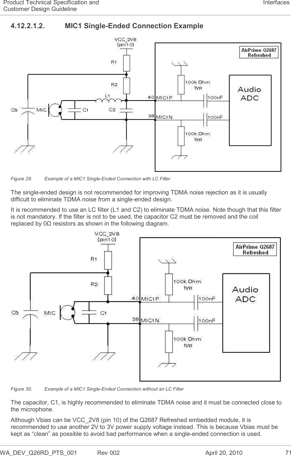  WA_DEV_Q26RD_PTS_001  Rev 002  April 20, 2010 71 Product Technical Specification and Customer Design Guideline Interfaces 4.12.2.1.2.  MIC1 Single-Ended Connection Example  Figure 29.  Example of a MIC1 Single-Ended Connection with LC Filter The single-ended design is not recommended for improving TDMA noise rejection as it is usually difficult to eliminate TDMA noise from a single-ended design. It is recommended to use an LC filter (L1 and C2) to eliminate TDMA noise. Note though that this filter is not mandatory. If the filter is not to be used, the capacitor C2 must be removed and the coil replaced by 0Ω resistors as shown in the following diagram.  Figure 30.  Example of a MIC1 Single-Ended Connection without an LC Filter The capacitor, C1, is highly recommended to eliminate TDMA noise and it must be connected close to the microphone. Although Vbias can be VCC_2V8 (pin 10) of the Q2687 Refreshed embedded module, it is recommended to use another 2V to 3V power supply voltage instead. This is because Vbias must be kept as “clean” as possible to avoid bad performance when a single-ended connection is used.  
