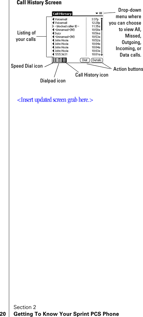 Section 220 Getting To Know Your Sprint PCS PhoneCall History Screen&lt;Insert updated screen grab here.&gt;Listing ofyour callsDrop-downmenu whereyou can chooseto view All,Missed,Outgoing,Incoming, orData calls.Speed Dial iconDialpad icon Call History icon Action buttons