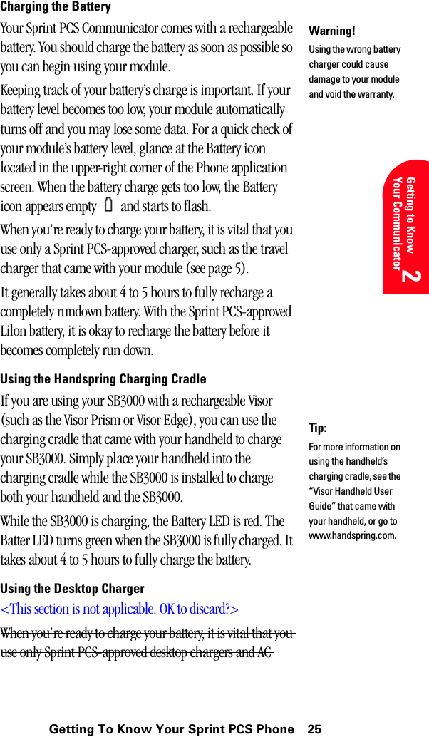 Getting To Know Your Sprint PCS Phone 25Getting Started 2Getting to Know Your Communicator2Understanding Roaming 2Getting Started 2Getting Started 2Charging the BatteryYour Sprint PCS Communicator comes with a rechargeable battery. You should charge the battery as soon as possible so you can begin using your module.Keeping track of your battery’s charge is important. If your battery level becomes too low, your module automatically turns off and you may lose some data. For a quick check of your module’s battery level, glance at the Battery icon located in the upper-right corner of the Phone application screen. When the battery charge gets too low, the Battery icon appears empty   and starts to flash.When you’re ready to charge your battery, it is vital that you use only a Sprint PCS-approved charger, such as the travel charger that came with your module (see page 5).It generally takes about 4 to 5 hours to fully recharge a completely rundown battery. With the Sprint PCS-approved Lilon battery, it is okay to recharge the battery before it becomes completely run down.Using the Handspring Charging CradleIf you are using your SB3000 with a rechargeable Visor (such as the Visor Prism or Visor Edge), you can use the charging cradle that came with your handheld to charge your SB3000. Simply place your handheld into the charging cradle while the SB3000 is installed to charge both your handheld and the SB3000.While the SB3000 is charging, the Battery LED is red. The Batter LED turns green when the SB3000 is fully charged. It takes about 4 to 5 hours to fully charge the battery. Using the Desktop Charger&lt;This section is not applicable. OK to discard?&gt;When you’re ready to charge your battery, it is vital that you use only Sprint PCS-approved desktop chargers and AC Warning!Using the wrong battery charger could cause damage to your module and void the warranty.Tip:For more information on using the handheld’s charging cradle, see the “Visor Handheld User Guide” that came with your handheld, or go to www.handspring.com.