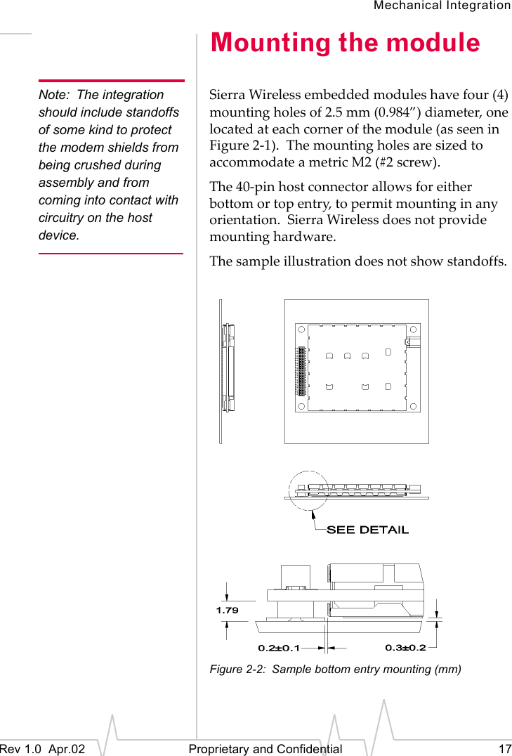 Mechanical IntegrationRev 1.0 Apr.02 Proprietary and Confidential 17Mounting the moduleNote: The integration should include standoffs of some kind to protect the modem shields from being crushed during assembly and from coming into contact with circuitry on the host device.Sierra Wireless embedded modules have four (4) mounting holes of 2.5 mm (0.984”) diameter, one located at each corner of the module (as seen in Figure 2-1). The mounting holes are sized to accommodate a metric M2 (#2 screw).The 40-pin host connector allows for either bottom or top entry, to permit mounting in any orientation. Sierra Wireless does not provide mounting hardware.The sample illustration does not show standoffs.Figure 2-2: Sample bottom entry mounting (mm)
