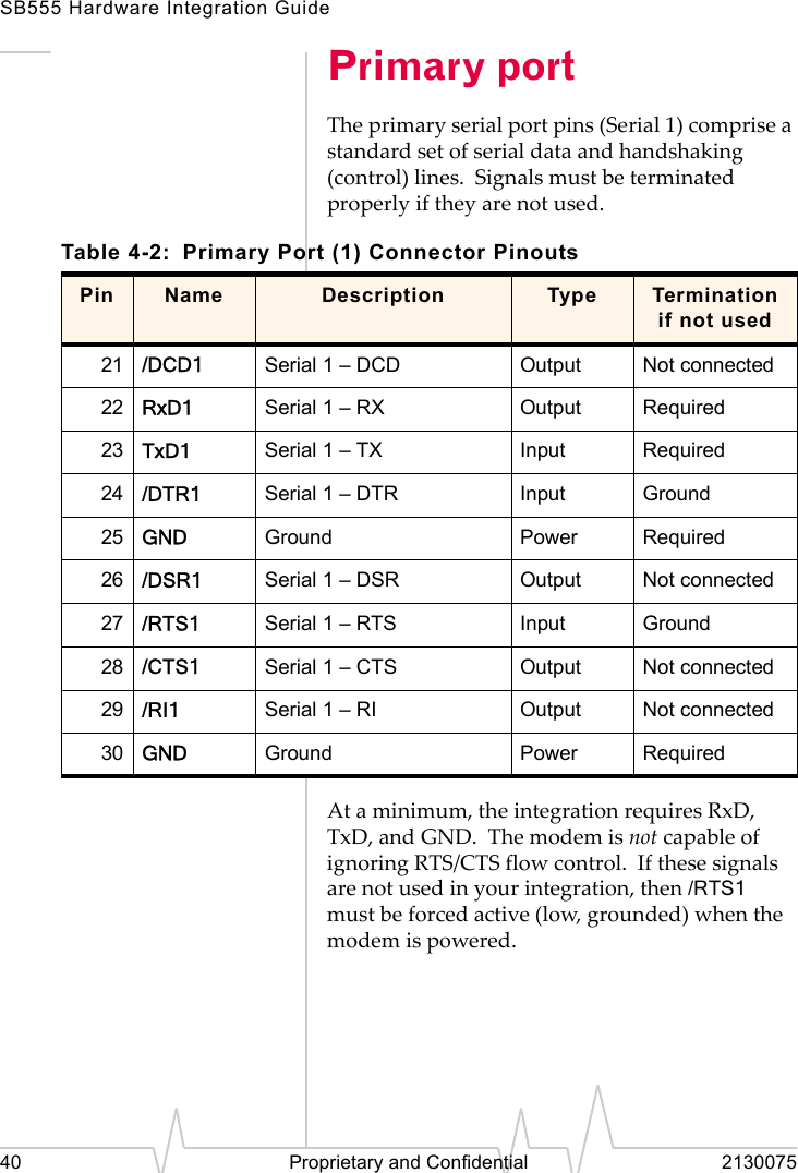 SB555 Hardware Integration Guide40 Proprietary and Confidential 2130075Primary portThe primary serial port pins (Serial 1) comprise a standard set of serial data and handshaking (control) lines. Signals must be terminated properly if they are not used.At a minimum, the integration requires RxD, TxD, and GND. The modem is not capable of ignoring RTS/CTS flow control. If these signals are not used in your integration, then /RTS1 must be forced active (low, grounded) when the modem is powered.Table 4-2: Primary Port (1) Connector PinoutsPin Name Description Type Termination if not used21 /DCD1 Serial 1 – DCD Output Not connected22 RxD1 Serial 1 – RX Output Required23 TxD1 Serial 1 – TX Input Required24 /DTR1 Serial 1 – DTR Input Ground25 GND Ground Power Required26 /DSR1 Serial 1 – DSR Output Not connected27 /RTS1 Serial 1 – RTS Input Ground28 /CTS1 Serial 1 – CTS Output Not connected29 /RI1 Serial 1 – RI Output Not connected30 GND Ground Power Required