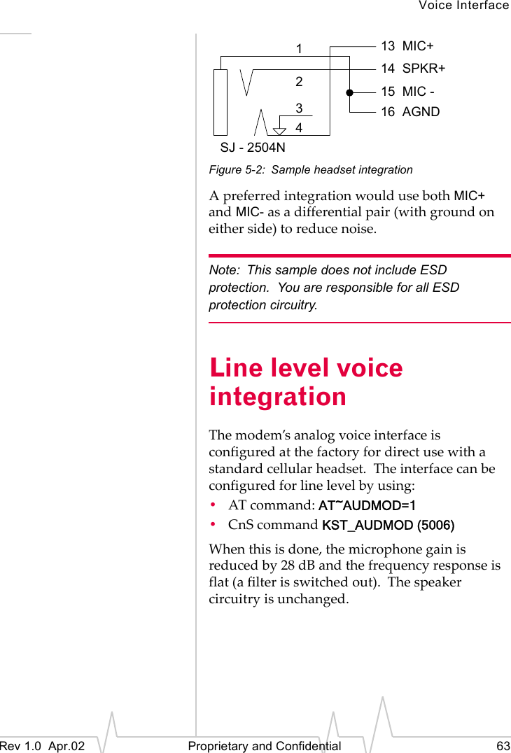 Voice InterfaceRev 1.0 Apr.02 Proprietary and Confidential 63Figure 5-2: Sample headset integrationA preferred integration would use both MIC+ and MIC- as a differential pair (with ground on either side) to reduce noise.Note: This sample does not include ESD protection. You are responsible for all ESD protection circuitry.Line level voice integrationThe modem’s analog voice interface is configured at the factory for direct use with a standard cellular headset. The interface can be configured for line level by using:•AT command: AT~AUDMOD=1•CnS command KST_AUDMOD (5006)When this is done, the microphone gain is reduced by 28 dB and the frequency response is flat (a filter is switched out). The speaker circuitry is unchanged.312413 MIC+15 MIC -14 SPKR+16 AGNDSJ - 2504N