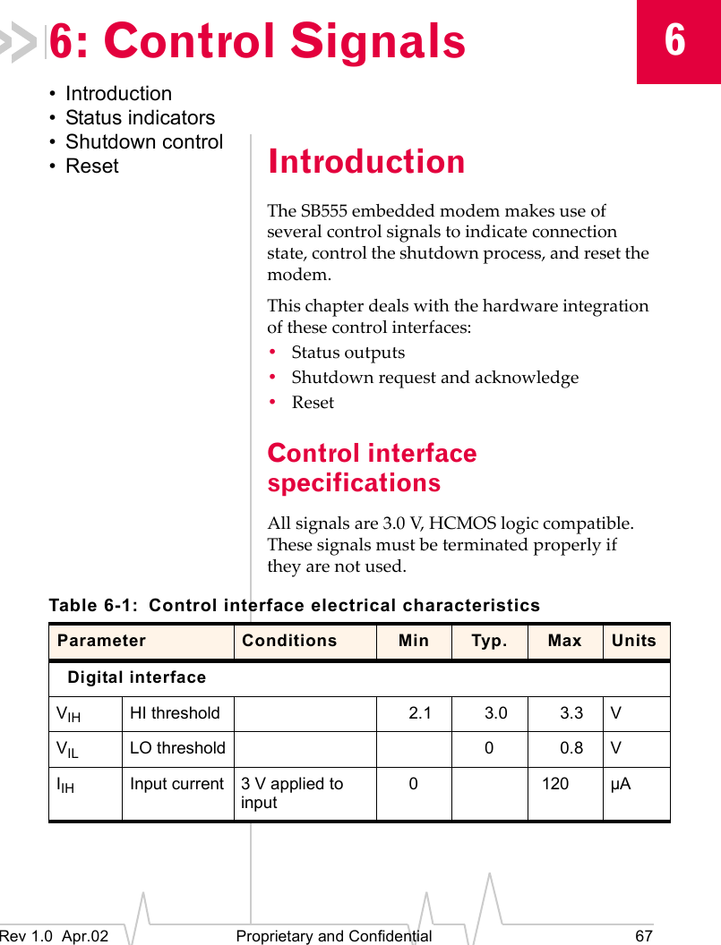6Rev 1.0 Apr.02 Proprietary and Confidential 676: Control Signals• Introduction• Status indicators• Shutdown control•Reset IntroductionThe SB555 embedded modem makes use of several control signals to indicate connection state, control the shutdown process, and reset the modem.This chapter deals with the hardware integration of these control interfaces:•Status outputs•Shutdown request and acknowledge•ResetControl interface specificationsAll signals are 3.0 V, HCMOS logic compatible. These signals must be terminated properly if they are not used.Table 6-1: Control interface electrical characteristicsParameter Conditions Min Typ. Max UnitsDigital interfaceVIH HI threshold 2.1 3.0 3.3 VVIL LO threshold 00.8 VIIH Input current 3 V applied to input0120 µA