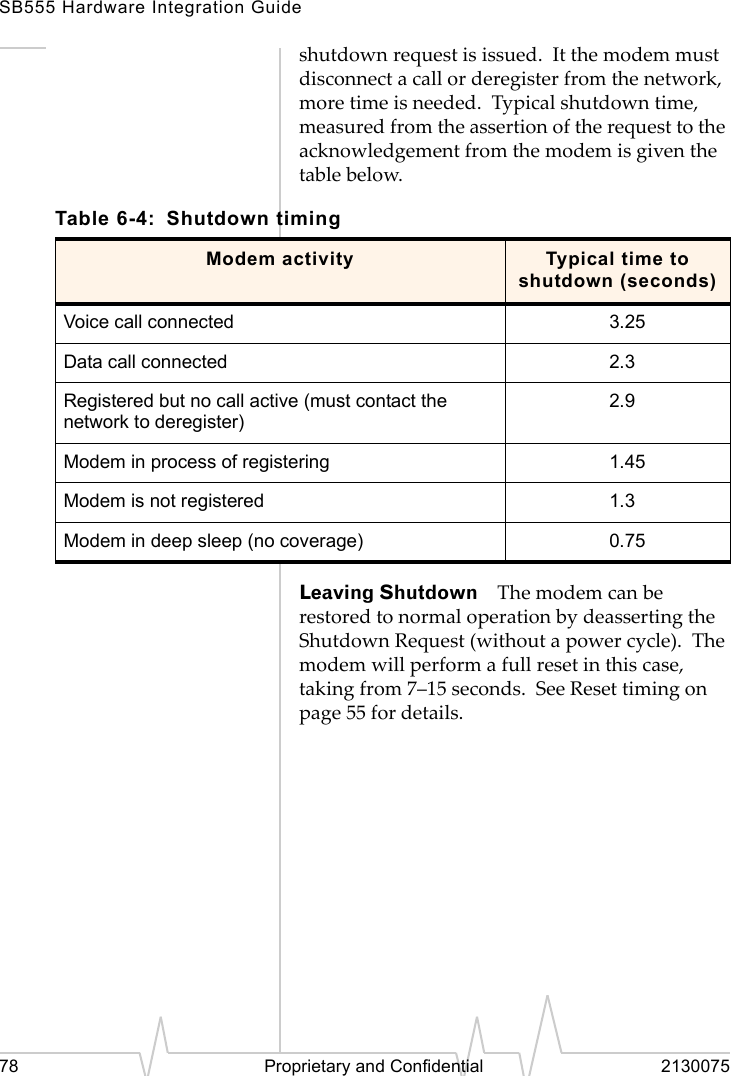 SB555 Hardware Integration Guide78 Proprietary and Confidential 2130075shutdown request is issued. It the modem must disconnect a call or deregister from the network, more time is needed. Typical shutdown time, measured from the assertion of the request to the acknowledgement from the modem is given the table below.Leaving Shutdown The modem can be restored to normal operation by deasserting the Shutdown Request (without a power cycle). The modem will perform a full reset in this case, taking from 7–15 seconds. See Reset timing on page 55 for details.Table 6-4: Shutdown timingModem activity Typical time to shutdown (seconds)Voice call connected 3.25Data call connected 2.3Registered but no call active (must contact the network to deregister)2.9Modem in process of registering 1.45Modem is not registered 1.3Modem in deep sleep (no coverage) 0.75