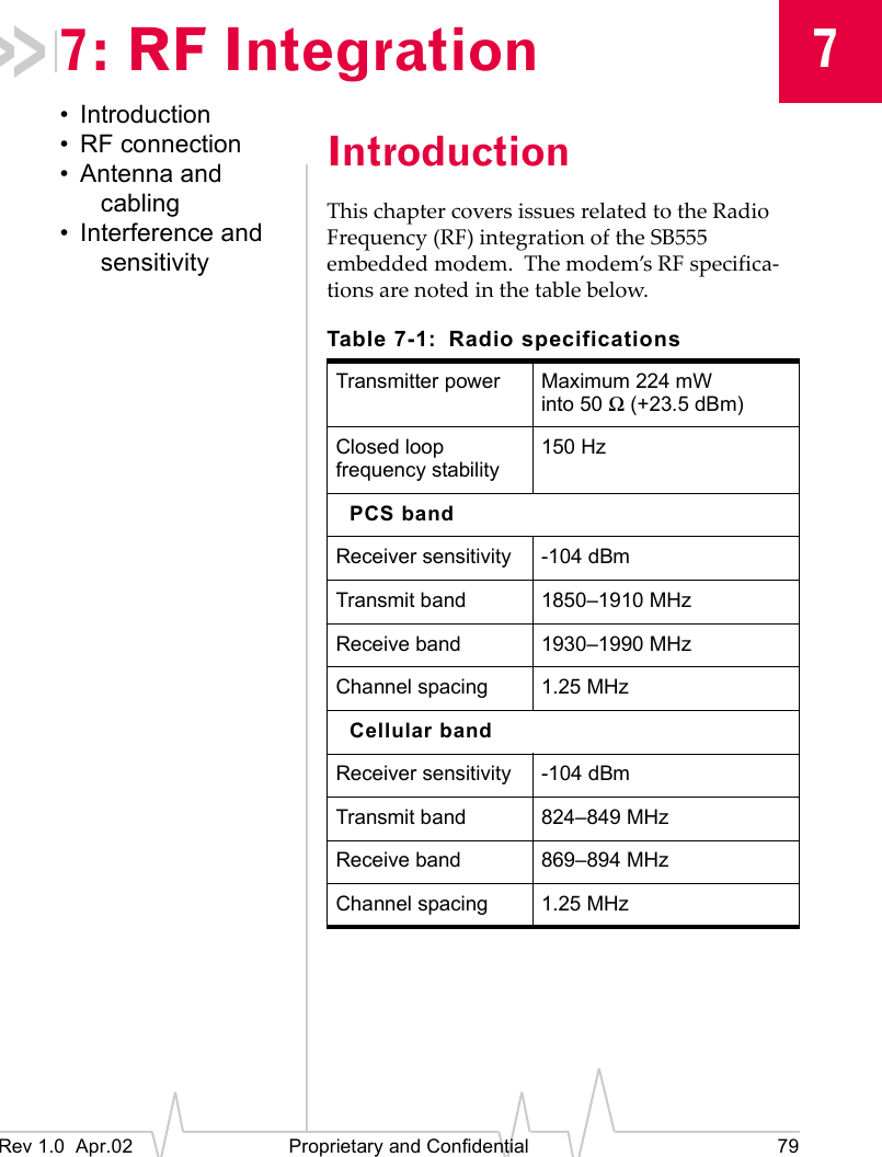 7Rev 1.0 Apr.02 Proprietary and Confidential 797: RF Integration• Introduction• RF connection• Antenna and cabling• Interference and sensitivityIntroductionThis chapter covers issues related to the Radio Frequency (RF) integration of the SB555 embedded modem. The modem’s RF specifica-tions are noted in the table below.Table 7-1: Radio specificationsTransmitter power Maximum 224 mWinto 50 Ω (+23.5 dBm)Closed loop frequency stability150 HzPCS bandReceiver sensitivity -104 dBmTransmit band 1850–1910 MHzReceive band 1930–1990 MHzChannel spacing 1.25 MHzCellular bandReceiver sensitivity -104 dBmTransmit band 824–849 MHzReceive band 869–894 MHzChannel spacing 1.25 MHz