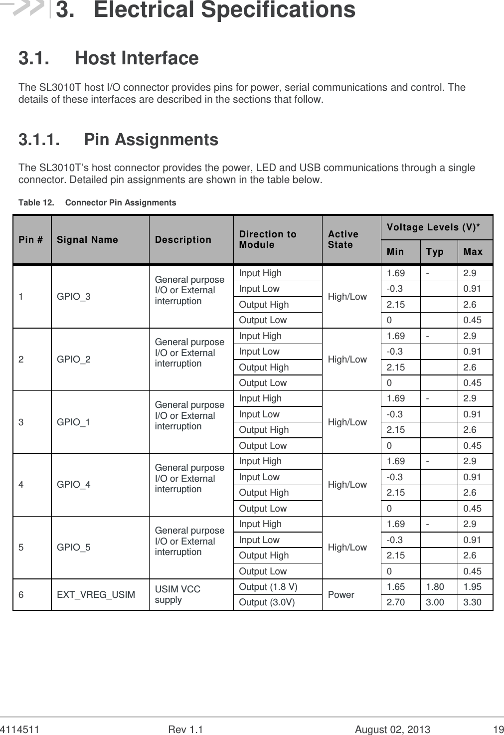   4114511  Rev 1.1  August 02, 2013  17 Hardware Integration Guide Standards Compliance Feature Supported? Bearer Selection Table Provisioning Yes User NAI Profiles and CDMA Objects Yes *    Host support is required for this feature. 2.8.  Position Location The SL3010T supports position location features as specified in the following table. Table 10.  Position Location Features Feature Supported? TIA/EIA/IS-801.1 Compliant Yes FCC E911 Phase II Position Determination Compliance Yes TIA/EIA/IS-J-STD-036 Enhanced Wireless 9-1-1 Phase II Yes TIA/EIA/IS-801.1 Compliant Data Burst Messaging Transport Yes TIA/EIA/IS-801.1 Messaging Compliant TCP/IP Transport Yes Mobile initiated, PDE calculated position Yes PDE initiated, PDE calculated position (Mobile terminated request) Yes Mobile calculated position Yes Advanced Forward Link Trilateration (AFLT) Yes Compliant with Snap Track Sensor Interface Application and Position Determination Entity (SIA/PDE) Yes 2.9.  Additional Standards The following additional standards, required for CDMA operation, are also supported:  TIA/EIA-126-D, Mobile Station Loop back Service Options Standard – Specifies loop back service options used during testing and certification.  TIA/EIA TSB 50, User Interface for Authentication Key Entry – Specifies the method for A-Key Entry from the device user interface.  TIA/EIA TSB 58-C, Parameter Value Assignments for TIA/EIA Wideband Spread Spectrum Standards – Assigns values to reserved parameters and specifies which are standard and which may be used for proprietary (manufacturer specific) values.  CDG 36, Markov Service Options for Wideband Spread Spectrum Systems Communications Systems – Specifies the function of specific service options used for one-way, over-the-air testing of mobiles.  TIA/EIA/IS-870, Test Data Service Option (TDSO) for CDMA2000® Spread Spectrum Systems – Defines a test data service option for testing of CDMA2000® mobile units.    