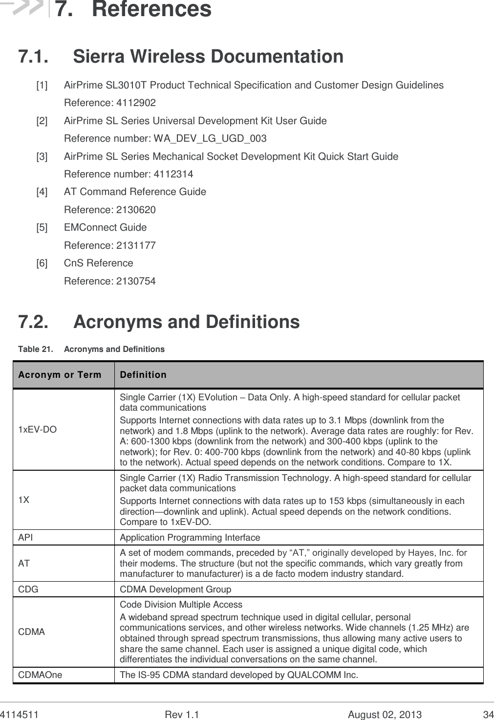  4114511  Rev 1.1  August 02, 2013  32 6.  Regulatory Approval 6.1.  Important Notice Because of the nature of wireless communications, transmission and reception of data can never be guaranteed. Data may be delayed, corrupted (i.e., have errors) or be totally lost. Although significant delays or losses of data are rare when wireless devices such as the Sierra Wireless modem are used in a normal manner with a well-constructed network, the Sierra Wireless modem should not be used in situations where failure to transmit or receive data could result in damage of any kind to the user or any other party, including but not limited to personal injury, death, or loss of property.  Sierra Wireless and its affiliates accept no responsibility for damages of any kind resulting from delays or errors in data transmitted or received using Sierra Wireless modem, or for failure of the Sierra Wireless modem to transmit or receive such data. 6.1.1.  Safety and Hazards Do not operate you SL3010T modem:  In areas where blasting is in progress  Where explosive atmospheres may be present including refueling points, fuel depots, and chemical plants  Near medical equipment, life support equipment, or any equipment which may be susceptible to any form of radio interference.  In such areas, the SL3010T modem MUST BE POWERED OFF.  Otherwise, the SL3010T modem can transmit signals that could interfere with this equipment  In an aircraft, the SL3010T modem MUST BE POWERED OFF.  Otherwise, the SL3010T modem can transmit signals that could interfere with various onboard systems and may be dangerous to the operation of the aircraft or disrupt the cellular network.  Use of cellular phone in aircraft is illegal in some jurisdictions. Failure to observe this instruction may lead to suspension or denial of cellular telephone services to the offender, or legal action or both. Some airlines may permit the use of cellular phones while the aircraft is on the ground and the door is open. The SL3010T modem may be used normally at this time.  6.1.2.  Important Compliance Information for USA OEM Integrators The SL3010T modem is granted with a modular approval for mobile applications. Integrators may use the SL3010T modem in their final products without additional FCC/IC (Industry Canada) certification if they meet the following conditions. Otherwise, additional FCC/IC approvals must be obtained. 1. At least 20cm separation distance between the antenna and the user’s body must be maintained at all times. 2. To comply with FCC/IC regulations limiting both maximum RF output power and human exposure to RF radiation, the maximum antenna gain including cable loss in a mobile-only exposure condition must not exceed 5dBi for Cellular band and 4dBi for CDMA PCS band. 3. The SL3010T modem and the antenna must not be co-located or operating in conjunction with any other transmitter or antenna within a host device. 