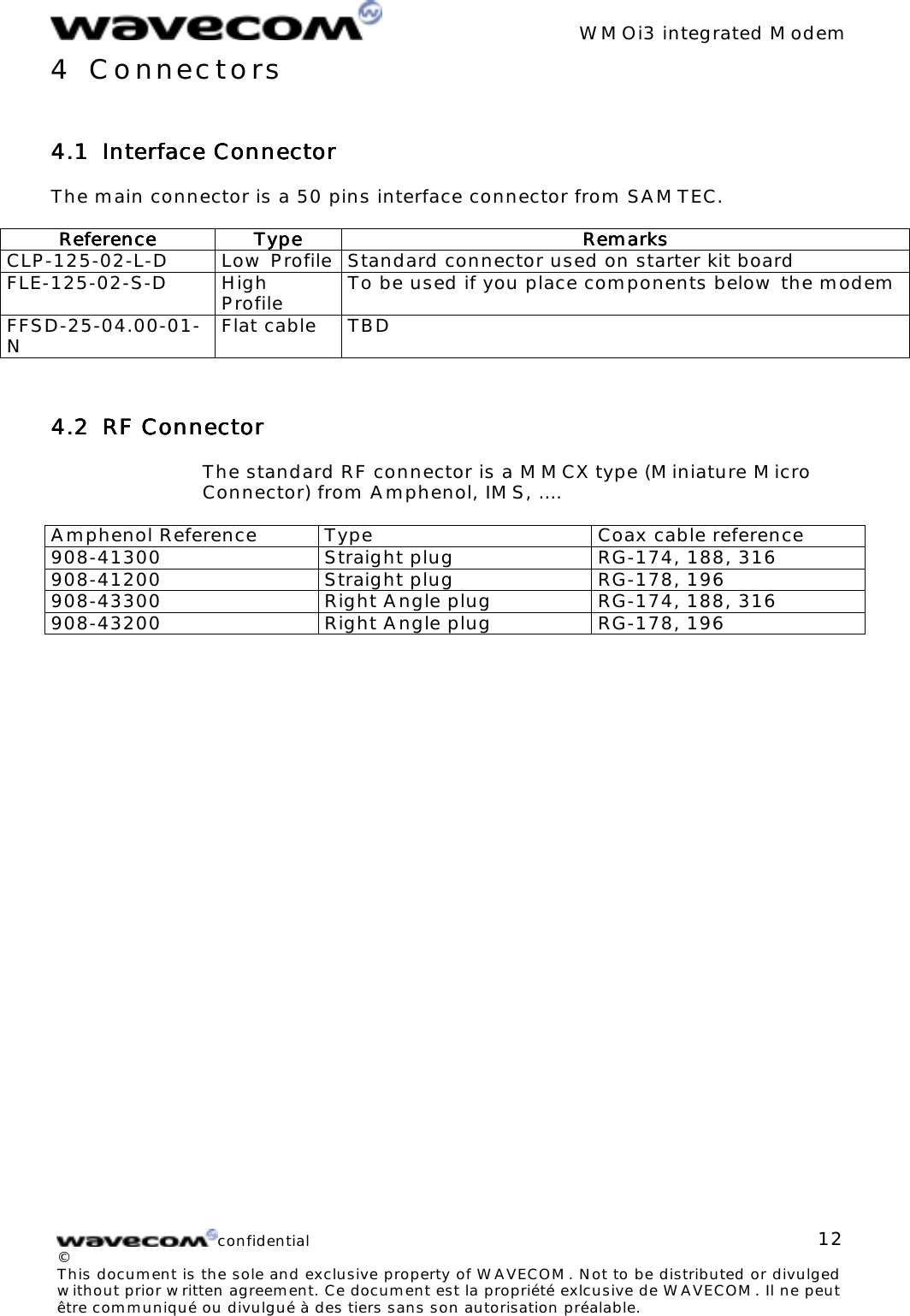 WMOi3 integrated Modemconfidential©This document is the sole and exclusive property of WAVECOM. Not to be distributed or divulgedwithout prior written agreement. Ce document est la propriété exlcusive de WAVECOM. Il ne peutêtre communiqué ou divulgué à des tiers sans son autorisation préalable.124 Connectors4.14.14.14.1 Interface ConnectorInterface ConnectorInterface ConnectorInterface ConnectorThe main connector is a 50 pins interface connector from SAMTEC.ReferenceReferenceReferenceReference TypeTypeTypeType RemarksRemarksRemarksRemarksCLP-125-02-L-D Low Profile Standard connector used on starter kit boardFLE-125-02-S-D HighProfile To be used if you place components below the modemFFSD-25-04.00-01-NFlat cable TBD4.24.24.24.2 RF ConnectorRF ConnectorRF ConnectorRF ConnectorThe standard RF connector is a MMCX type (Miniature MicroConnector) from Amphenol, IMS, ….Amphenol Reference Type Coax cable reference908-41300 Straight plug RG-174, 188, 316908-41200 Straight plug RG-178, 196908-43300 Right Angle plug RG-174, 188, 316908-43200 Right Angle plug RG-178, 196