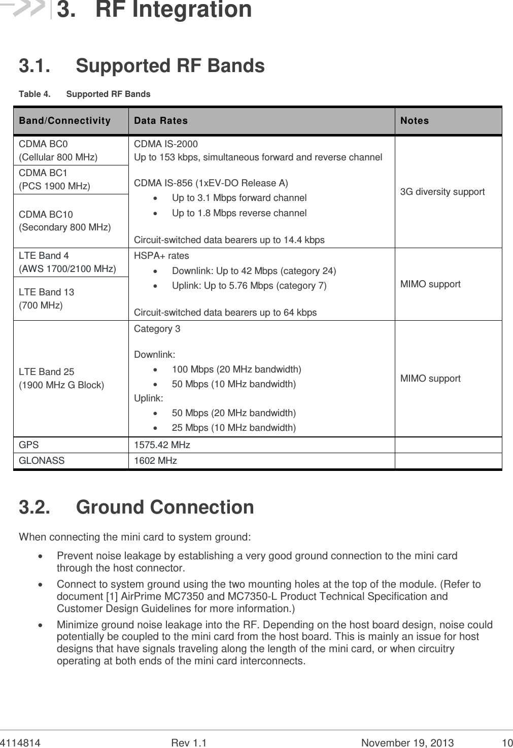   4114814  Rev 1.1  November 19, 2013  9 Hardware Integration Guide Power Interface 2.3.  Power States The MC7350 mini card has four power states as detailed in the following table. Table 3.  Supported MC7350 Power States State Details Host is Powered Module is Powered USB Interface Active RF Enabled Normal (Default state)   Module is active   Default state when VCC is first applied in the absence of W_DISABLE_N control   Module is capable of placing / receiving calls, or establishing data connections on the wireless network   Current consumption is affected by several factors, including:   Radio band being used   Transmit power   Receive gain settings   Data rate   Number of active Tx time slots     Low power (‘Airplane mode’)   Module is active   Module enters this state:   Under host interface control:   Host issues AT+CFUN=0, or   Host asserts W_DISABLE_N, after AT!PCOFFEN=0 has been issued.   Automatically, when critical temperature or voltage trigger limits have been reached     Sleep   Normal state of module between calls or data connections   Module cycles between wake (polling the network) and sleep, at network provider-determined interval.     Disconnected Host power source is disconnected from the module and all voltages associated with the module are at 0 V.      