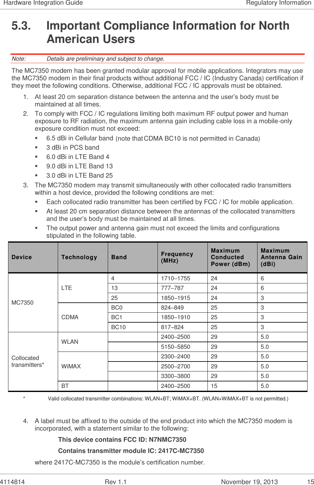  4114814  Rev 1.1  November 19, 2013  14 5.  Regulatory Information This module is designed to meet, and upon commercial release, will meet the requirements of the following regulatory bodies and regulations, where applicable:  Federal Communications Commission (FCC) of the United States  The Certification and Engineering Bureau of Industry Canada (IC)  The National Communications Commission (NCC) of Taiwan, Republic of China  Upon commercial release, the following industry approvals will have been obtained, where applicable:  CDG2  Additional certifications may be obtained upon customer request; contact your Sierra Wireless account representative for details. Additional testing and certification may be required for the end product with an embedded MC7350 modem and are the responsibility of the OEM. Sierra Wireless offers professional services-based assistance to OEMs with the testing and certification process, if required. 5.1.  Important Notice Because of the nature of wireless communications, transmission and reception of data can never be guaranteed. Data may be delayed, corrupted (i.e., have errors) or be totally lost. Although significant delays or losses of data are rare when wireless devices such as the Sierra Wireless modem are used in a normal manner with a well-constructed network, the Sierra Wireless modem should not be used in situations where failure to transmit or receive data could result in damage of any kind to the user or any other party, including but not limited to personal injury, death, or loss of property. Sierra Wireless and its affiliates accept no responsibility for damages of any kind resulting from delays or errors in data transmitted or received using the Sierra Wireless modem, or for failure of the Sierra Wireless modem to transmit or receive such data. 5.2.  Safety and Hazards Do not operate your MC7350 modem:  In areas where blasting is in progress  Where explosive atmospheres may be present including refuelling points, fuel depots, and chemical plants  Near medical equipment, life support equipment, or any equipment which may be susceptible to any form of radio interference. In such areas, the MC7350 modem MUST BE POWERED OFF. Otherwise, the MC7350 modem can transmit signals that could interfere with this equipment.  In an aircraft, the MC7350 modem MUST BE POWERED OFF. Otherwise, the MC7350 modem can transmit signals that could interfere with various onboard systems and may be dangerous to the operation of the aircraft or disrupt the cellular network. Use of a cellular phone in an aircraft is illegal in some jurisdictions. Failure to observe this instruction may lead to suspension or denial of cellular telephone services to the offender, or legal action or both. Some airlines may permit the use of cellular phones while the aircraft is on the ground and the door is open. The MC7350 modem may be used normally at this time. 